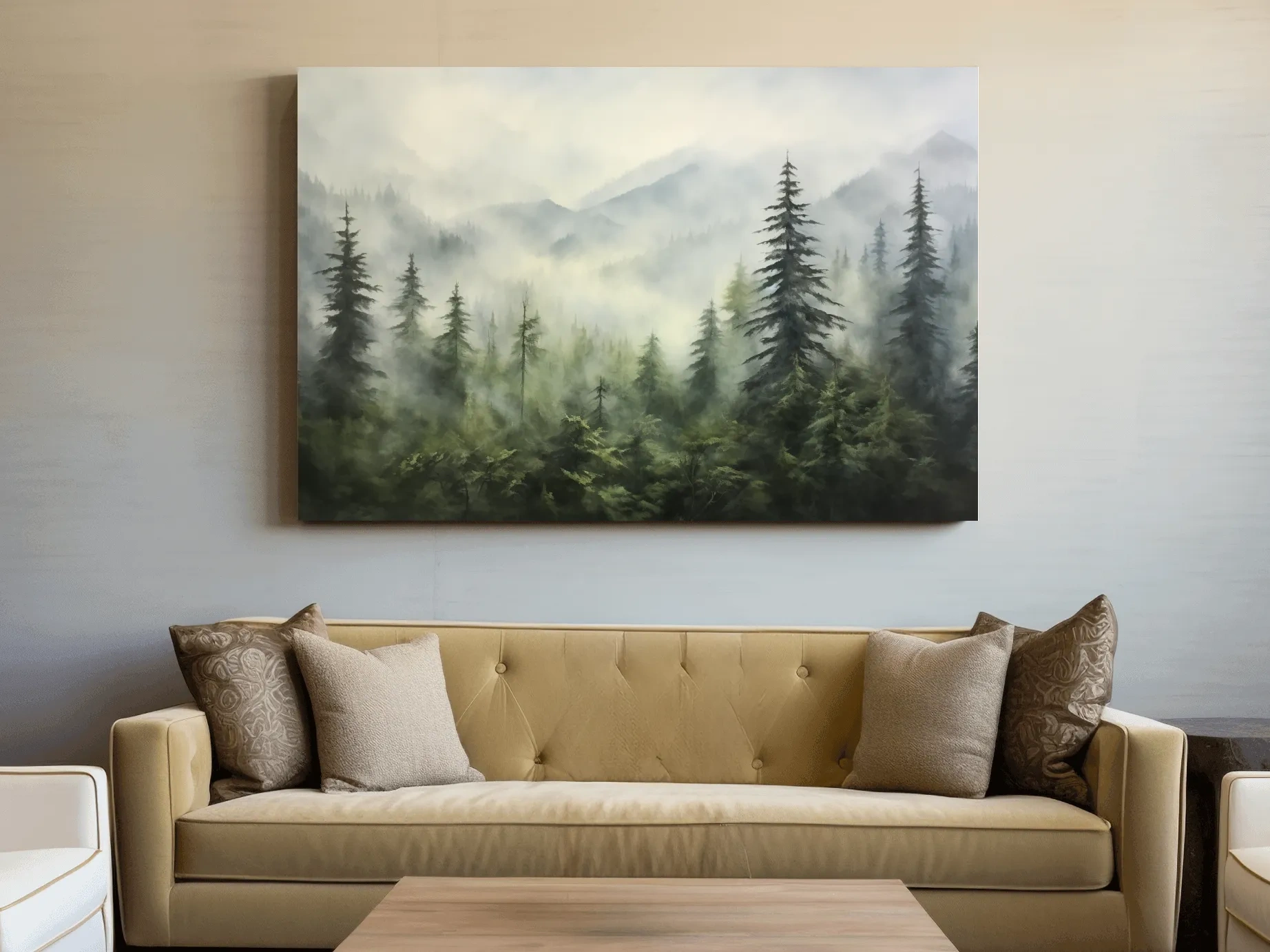 Misty Evergreen Forest Mountains Watercolor - Serene Foggy Landscape Artwork