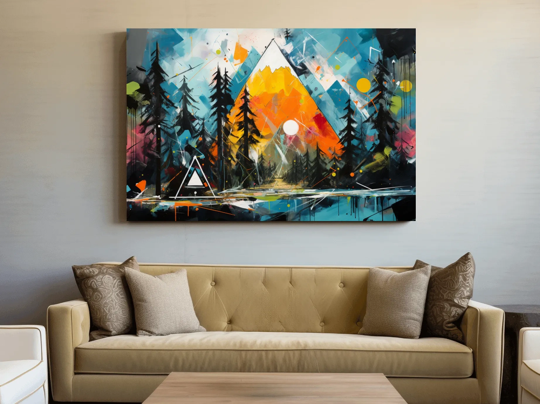 Vibrant Abstract Mountain Sunrise With Pine Forest - Energetic Landscape Wall Art