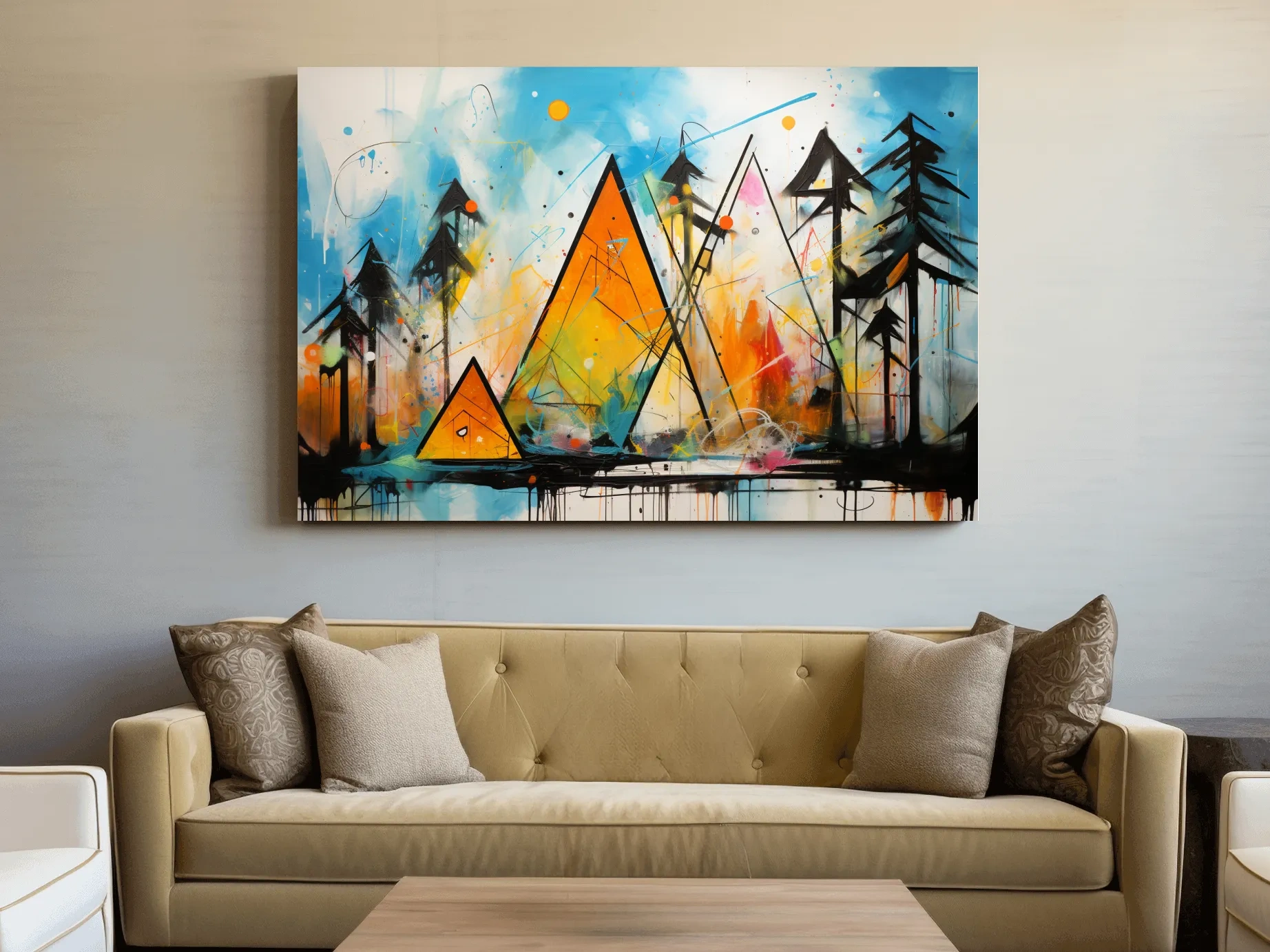 Vibrant Abstract Mountain Peaks And Pines - Colorful Mixed Media Wall Art