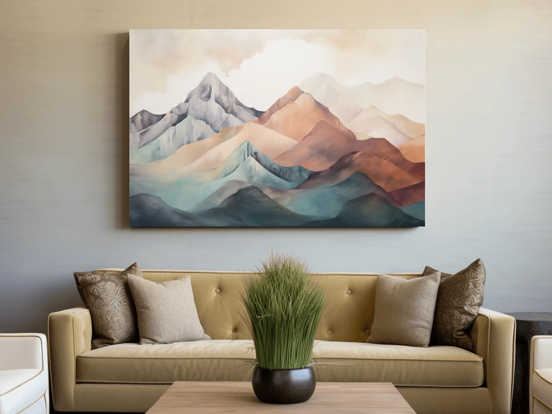 Abstract Watercolor Mountain Range Landscape - Serene Pastel Alpine Wall Art