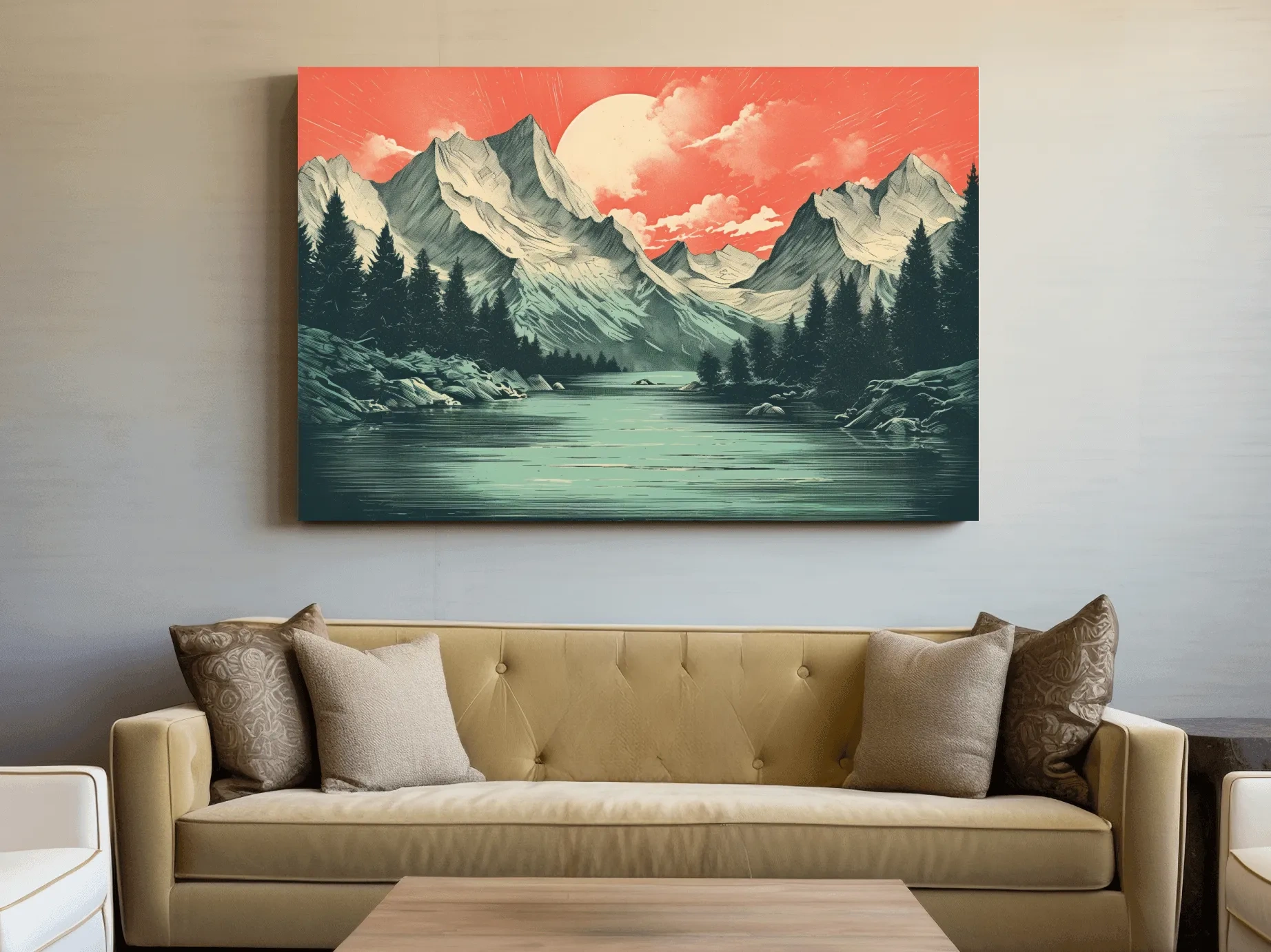 Retro Alpine Mountain Lake Sunset - Vintage Risograph Landscape Wall Art