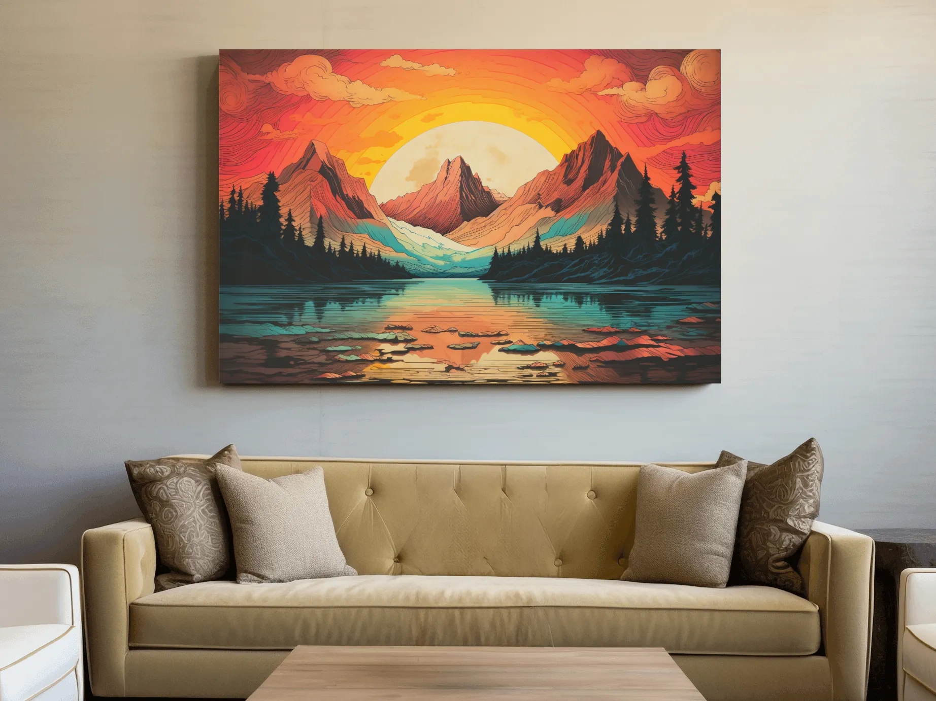 Vibrant Retro Alpine Lake Sunset - Stylized Mountain Wall Art