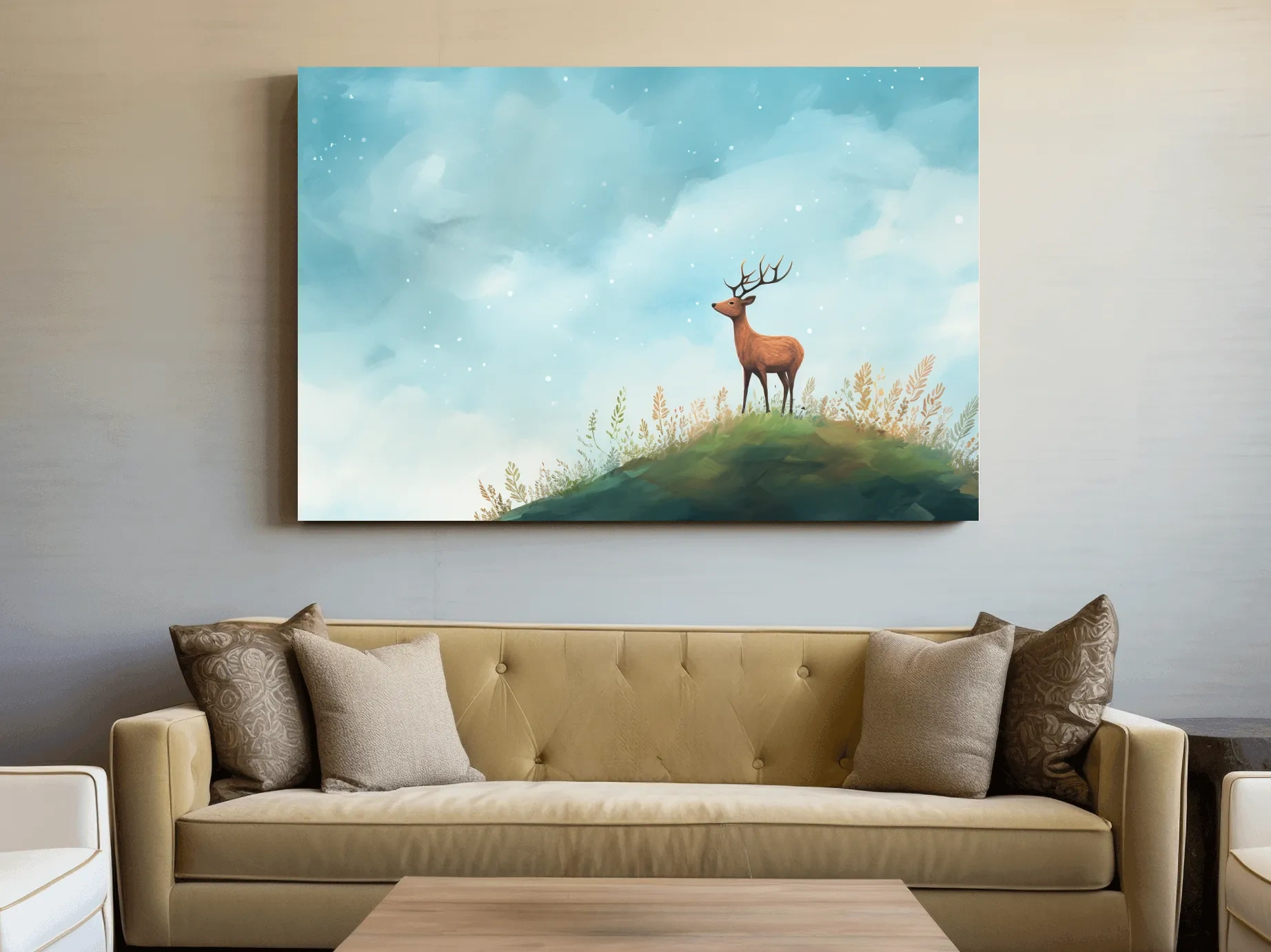Whimsical Watercolor Stag On Meadow Hill - Nursery Woodland Wildlife Wall Art