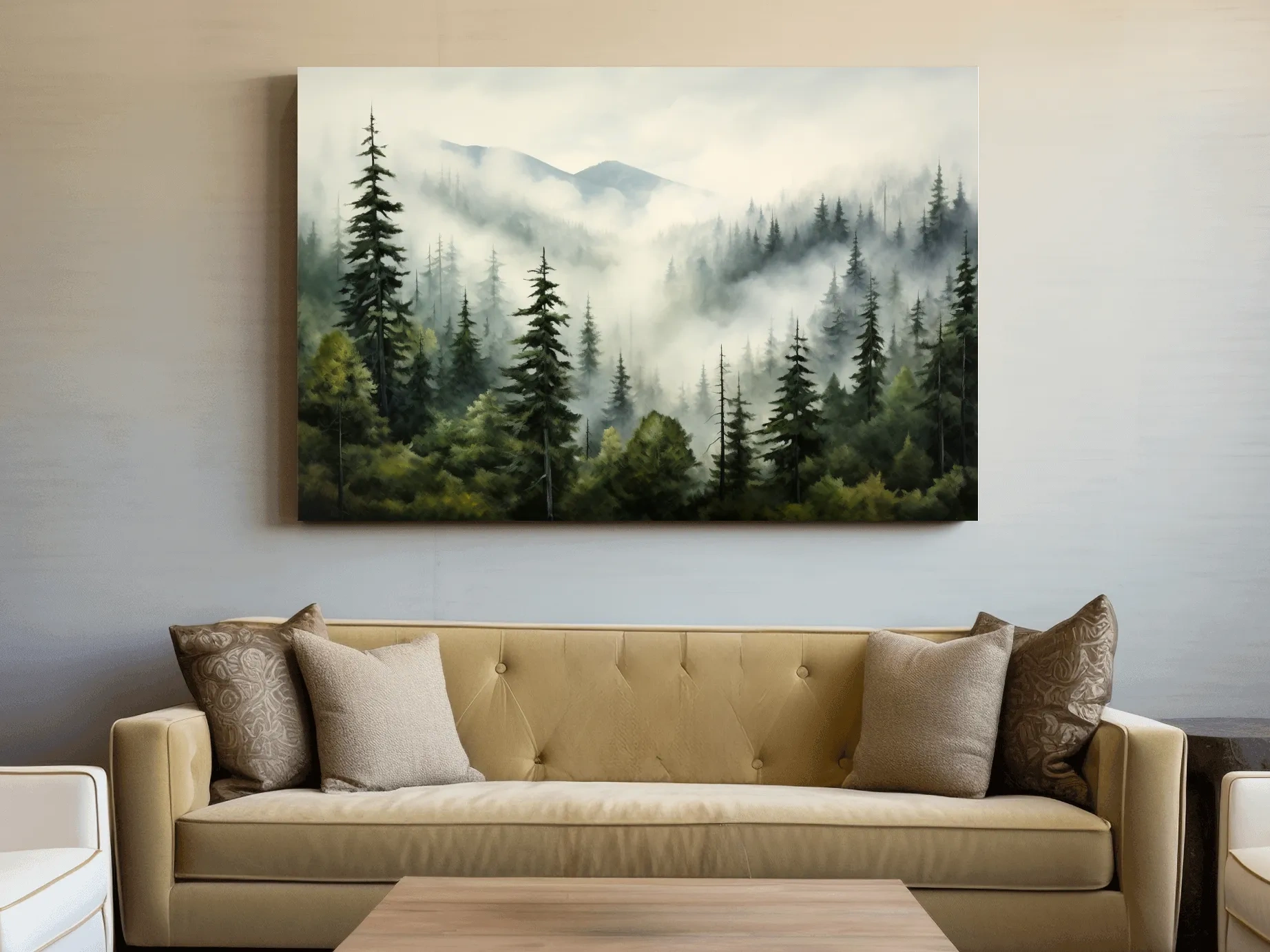 Foggy Alpine Mountain Forest Painting - Moody Watercolor Landscape Wall Art