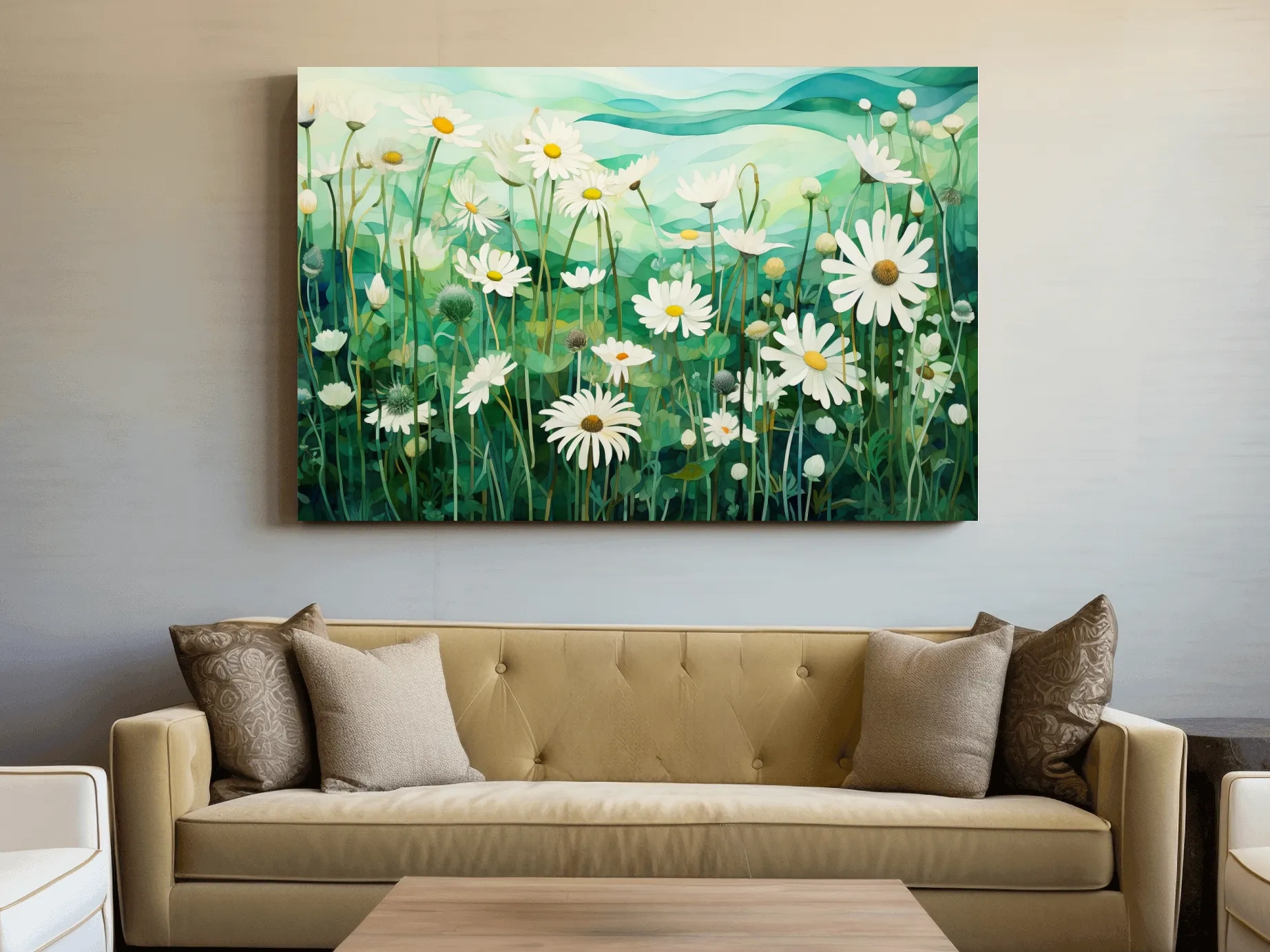 Whimsical Wild Daisy Meadow Landscape - Botanical Watercolor Style Wall Art