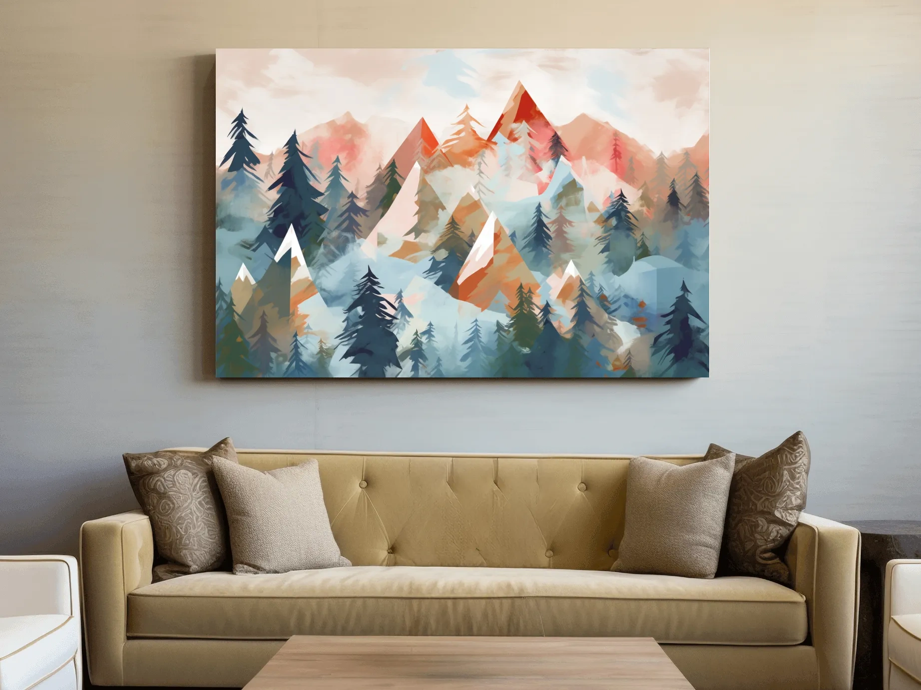 Abstract Watercolor Alpine Mountains And Pine Forest - Modern Geometric Landscape Wall Art