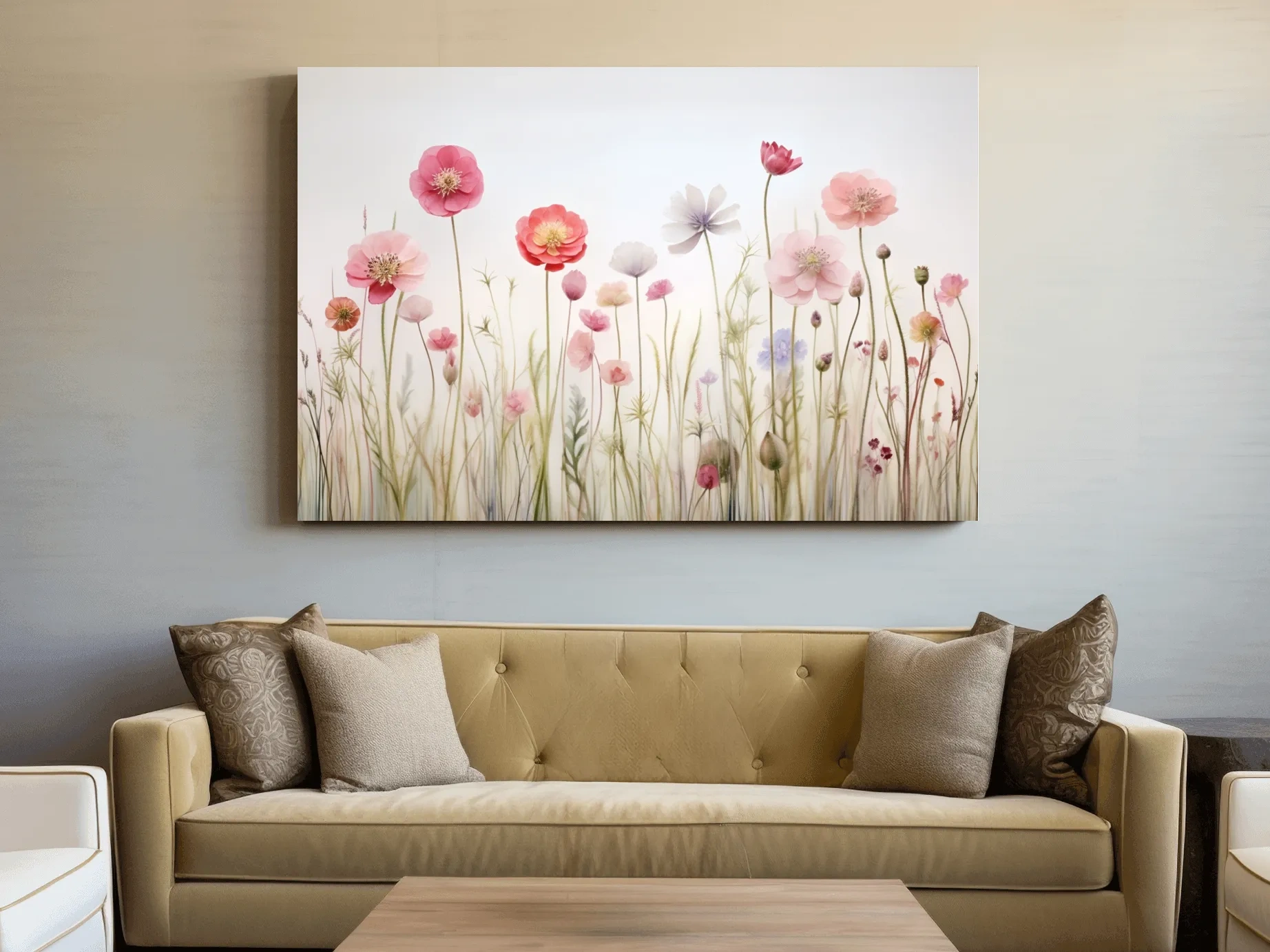Soft Pastel Wildflower Meadow Watercolor - Minimalist Floral Botanical Wall Art