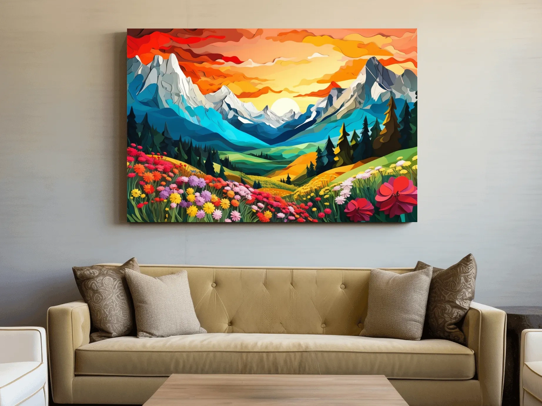 Vibrant Wildflower Mountain Valley Sunset - Colorful Paper Cutout Style Wall Art