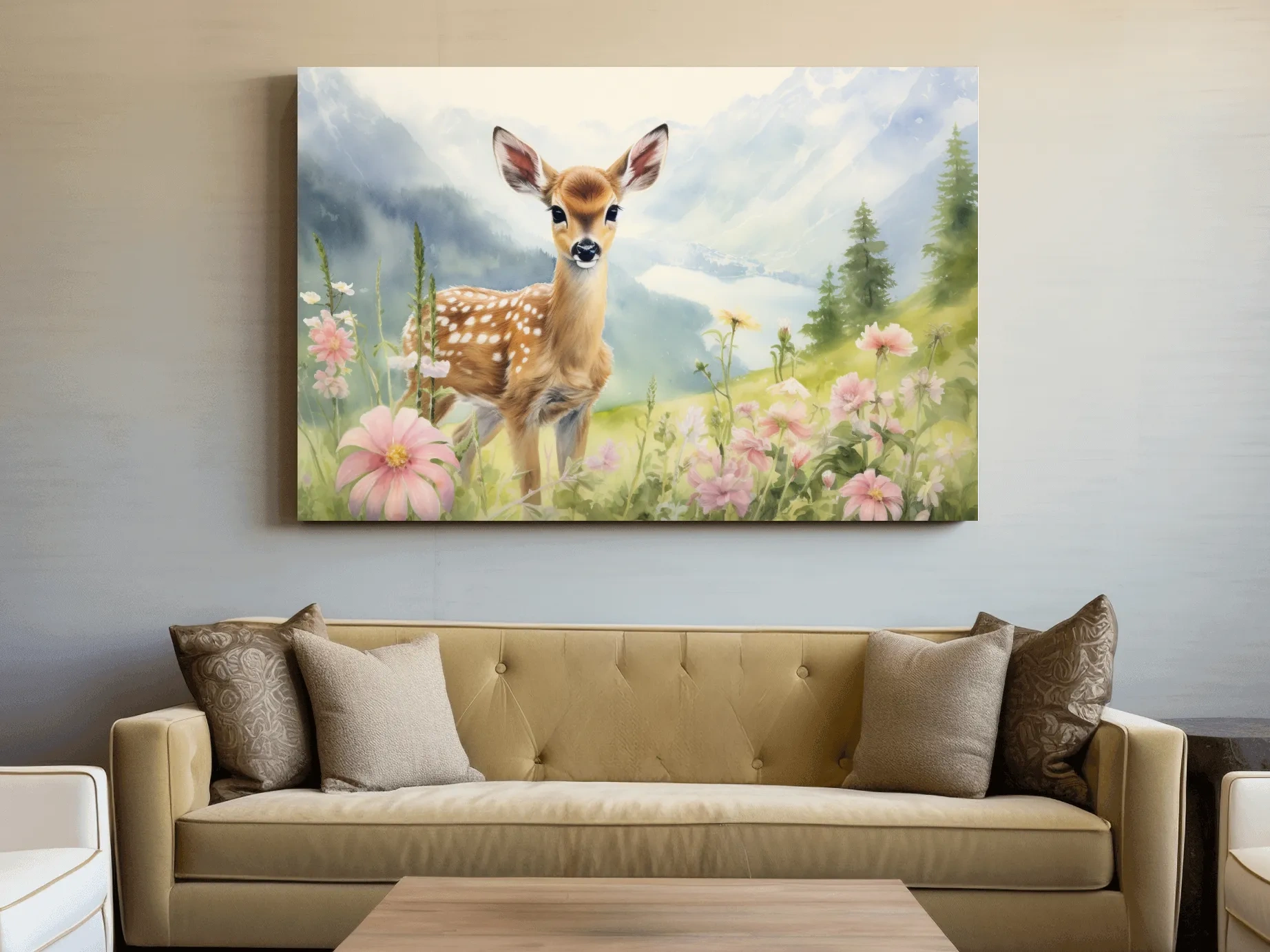 Watercolor Fawn In Wildflowers - Pastel Alpine Meadow Nursery Wall Art