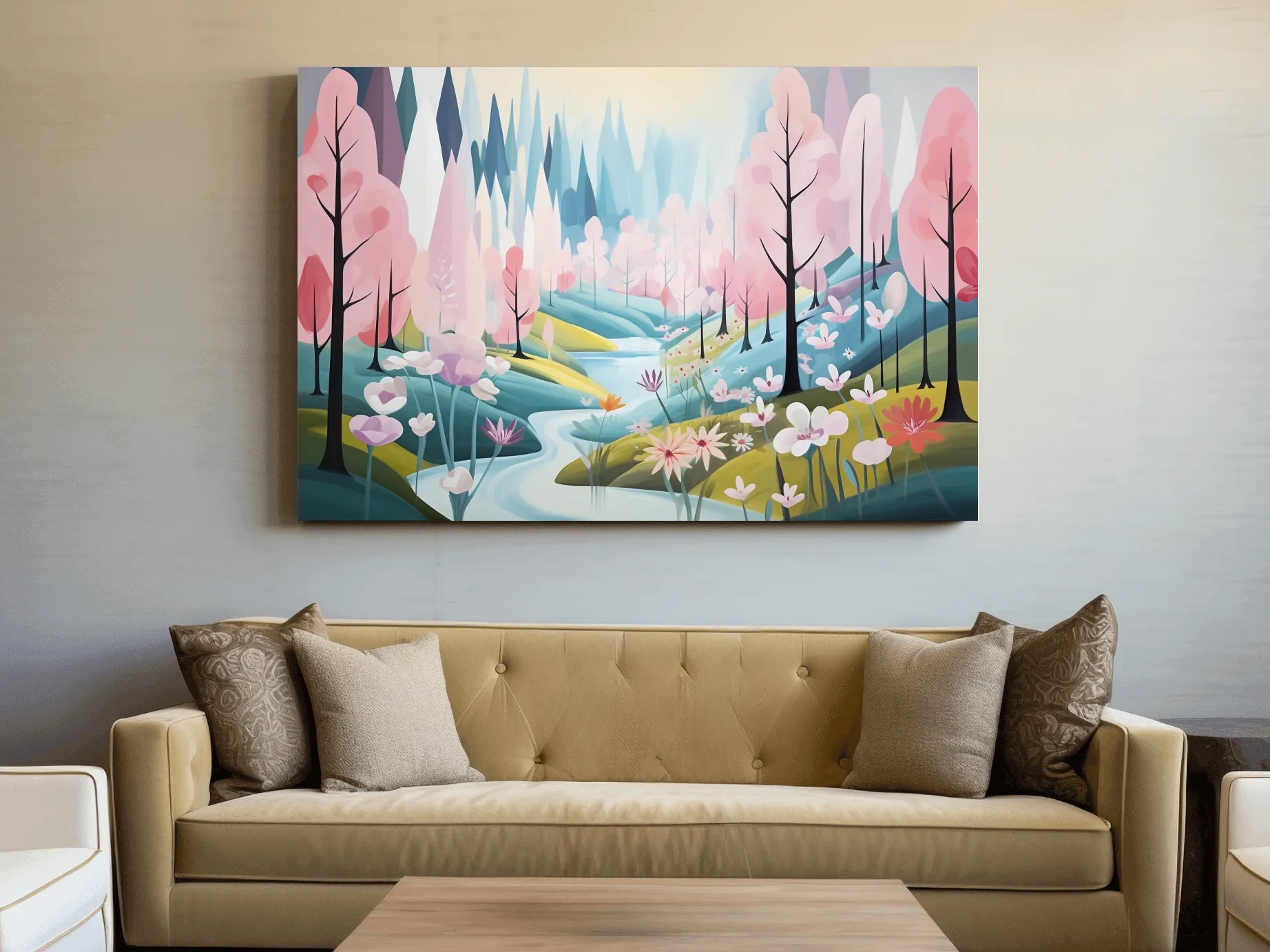 Dreamy Pastel Pink Blossom Forest - Whimsical Floral Landscape Wall Art