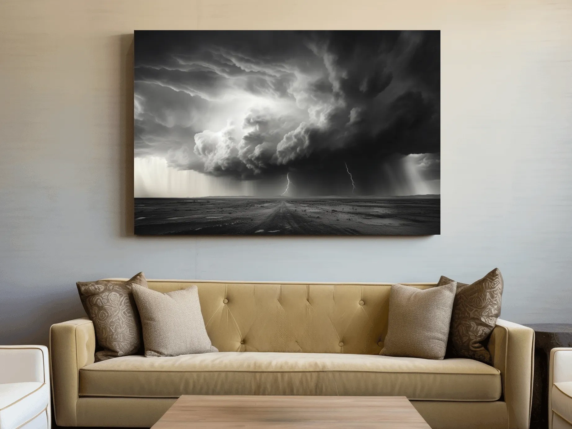 Moody Monochrome Thunderstorm Lightning Landscape - Dramatic Storm Cloud Wall Art