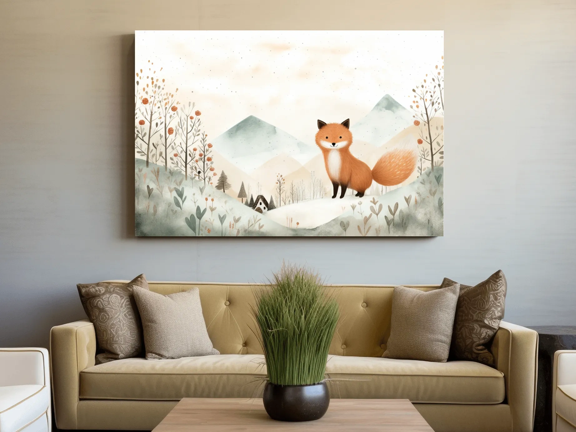 Whimsical Watercolor Fox In Pastel Mountains - Cute Nursery Animal Wall Art