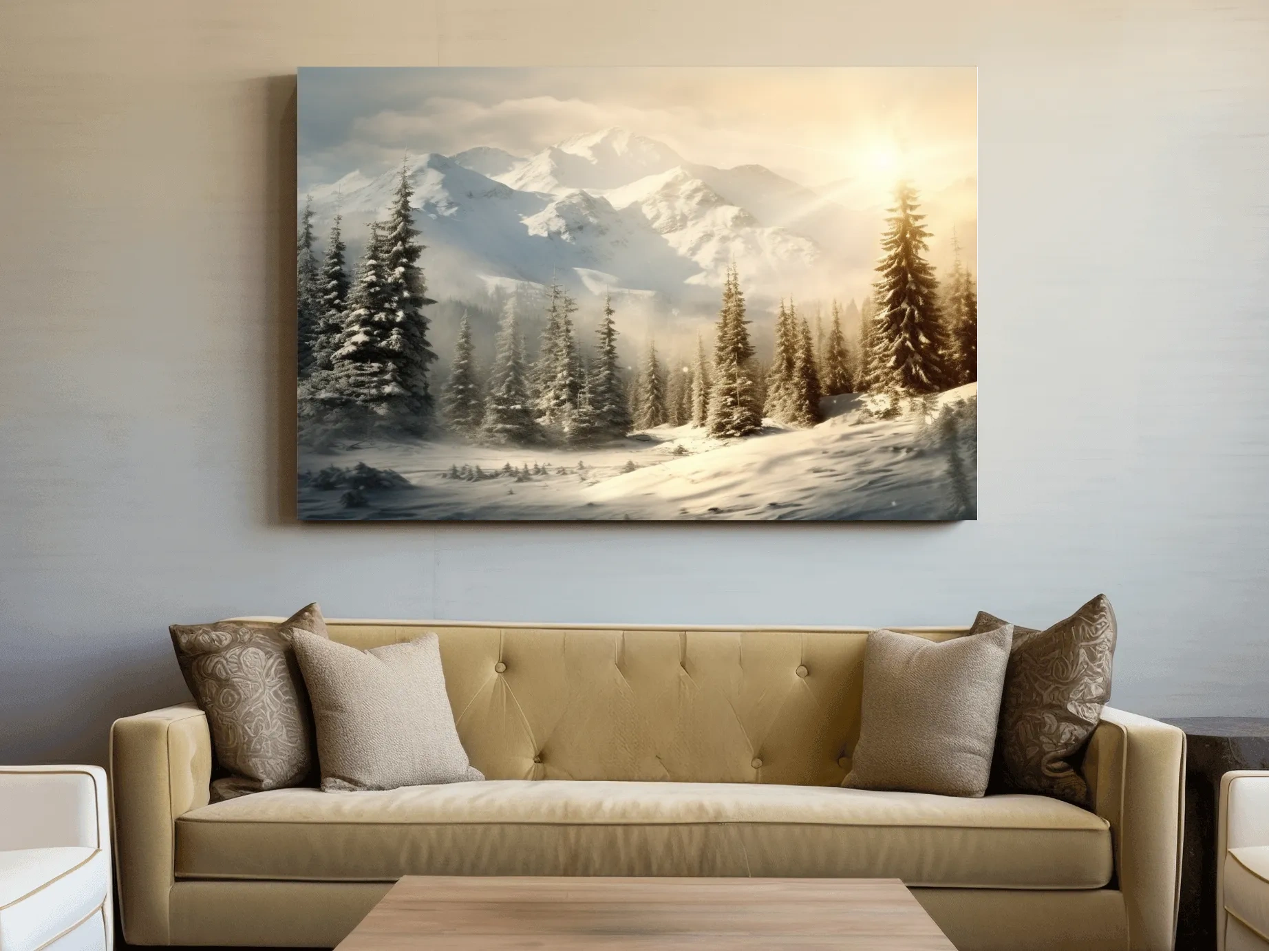 Golden Sunrise Snowy Mountain Landscape - Serene Winter Pine Forest Wall Art