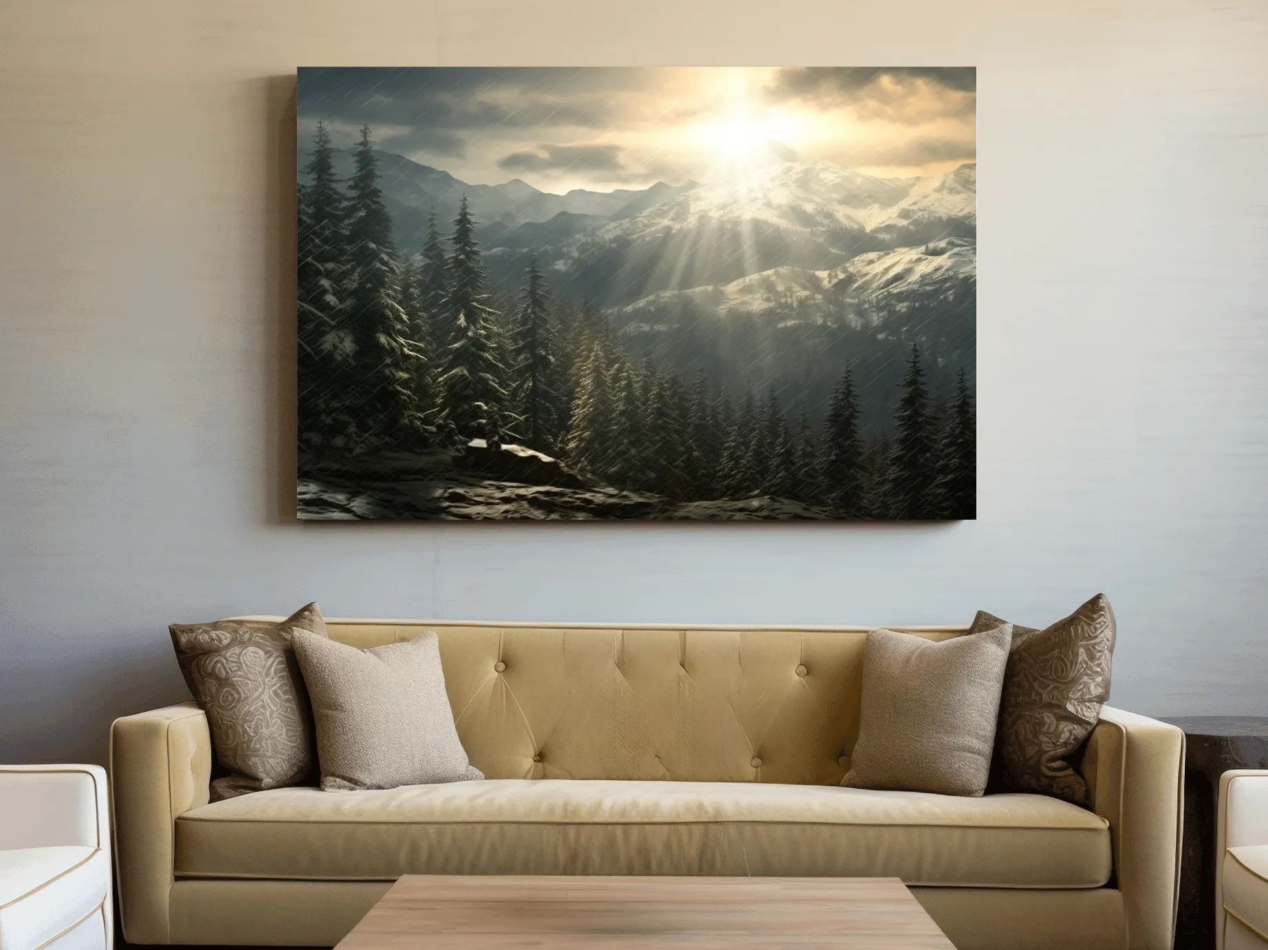 Mountain Snowstorm Sunrise Over Pine Forest - Dramatic Winter Landscape Artwork