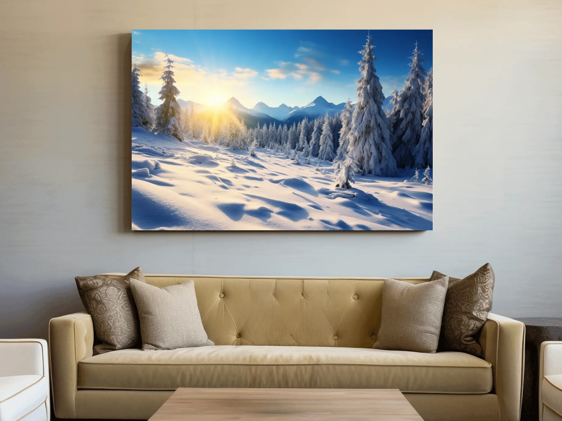 Snowy Sunrise Alpine Forest Landscape - Serene Photographic Nature Wall Art