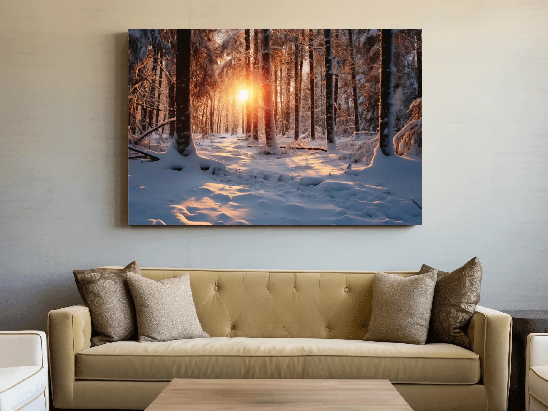 Golden Winter Sunrise Snowy Forest - Serene Nature Landscape Wall Art