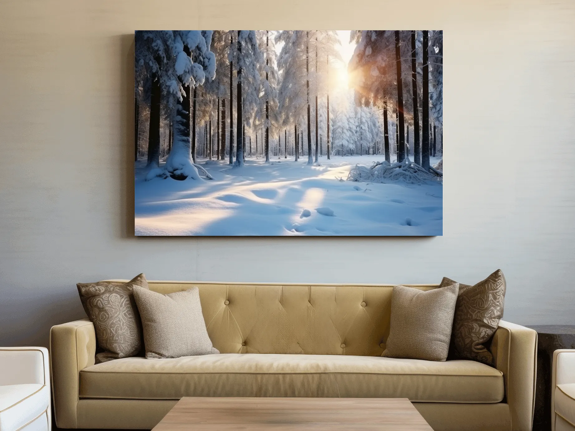 Sunlit Snowy Pine Forest Landscape - Serene Winter Nature Wall Art