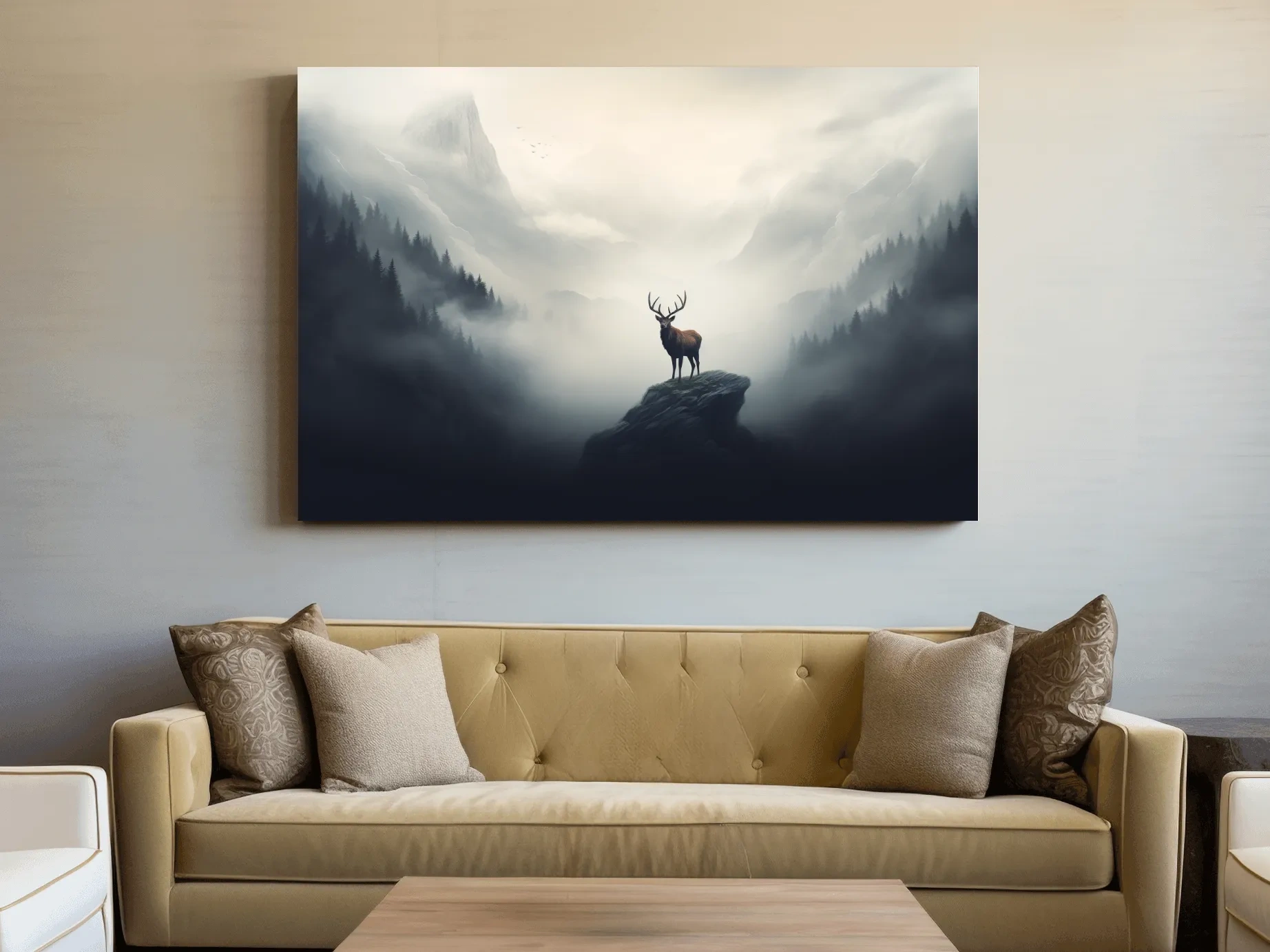 Majestic Stag On Rocky Peak - Misty Mountain Forest Wall Art