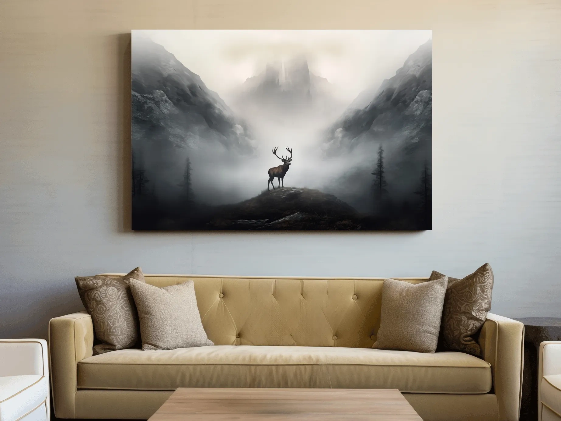 Moody Misty Mountain Stag Silhouette - Atmospheric Wildlife Landscape Art