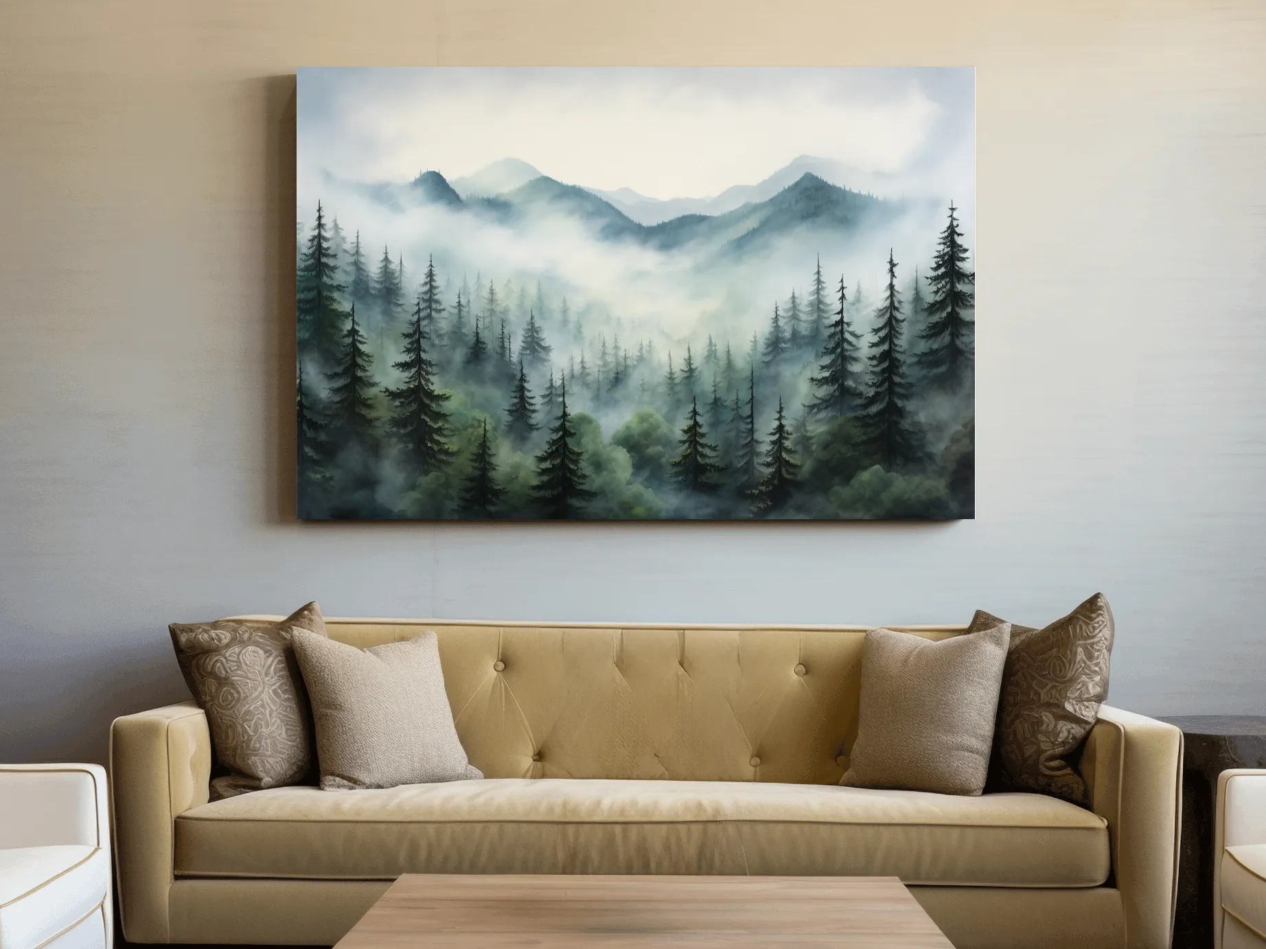 Misty Alpine Forest Painting - Foggy Mountain Landscape Art