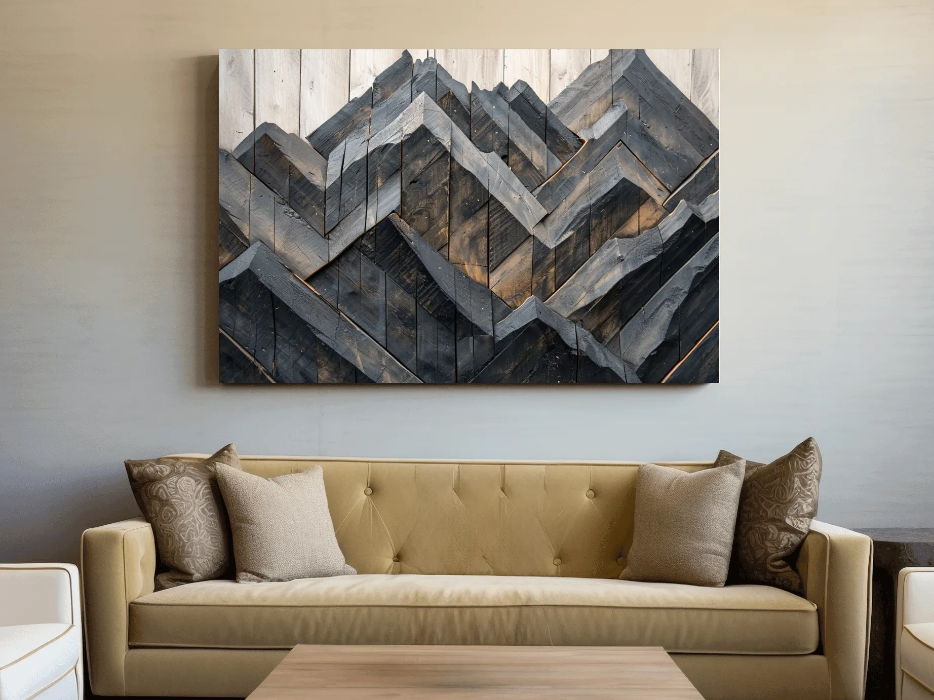 Geometric Wood Mountain Mosaic - Modern Rustic Landscape Wall Art