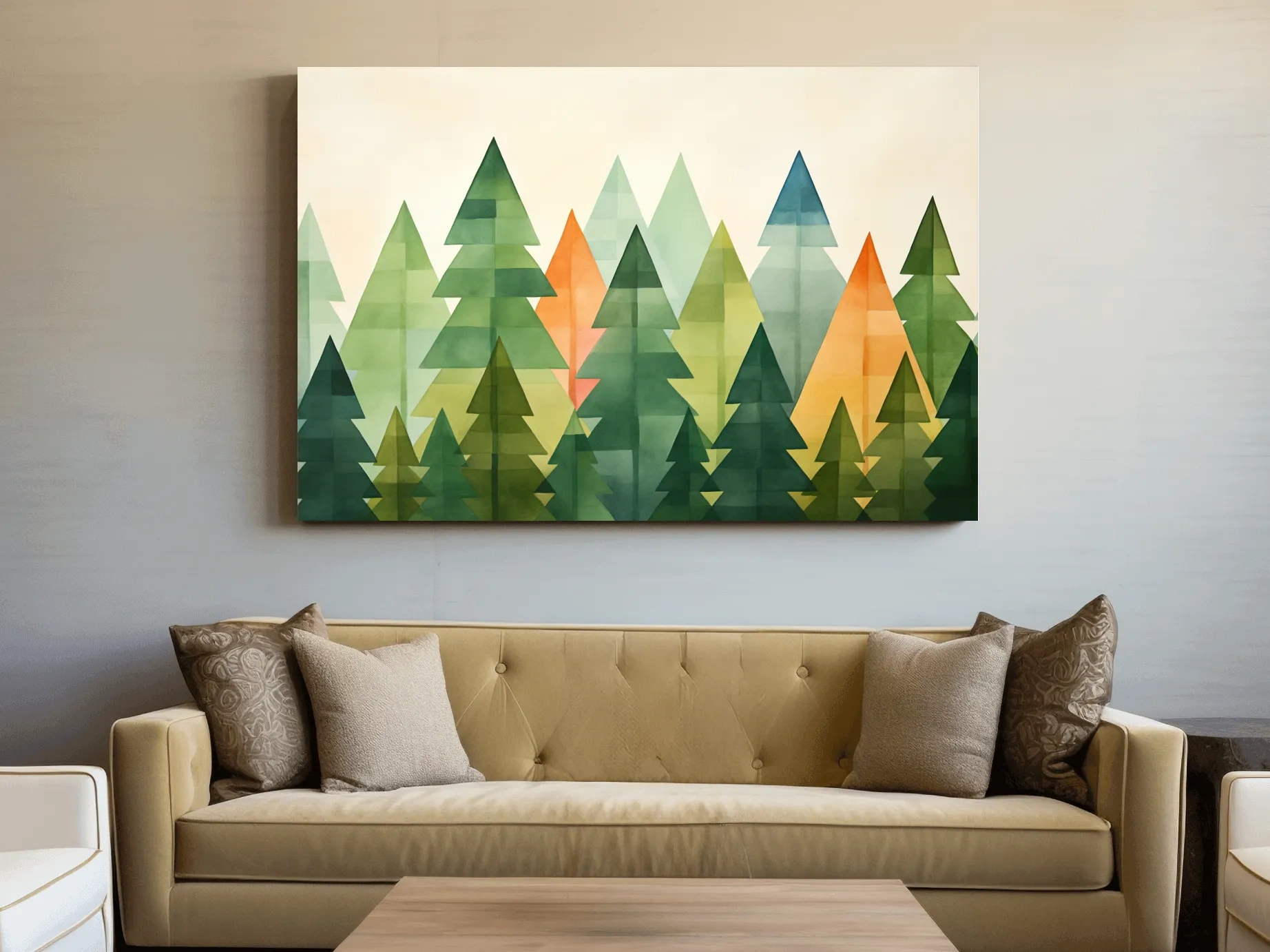 Geometric Watercolor Pine Forest Landscape - Modern Scandinavian Nature Wall Art