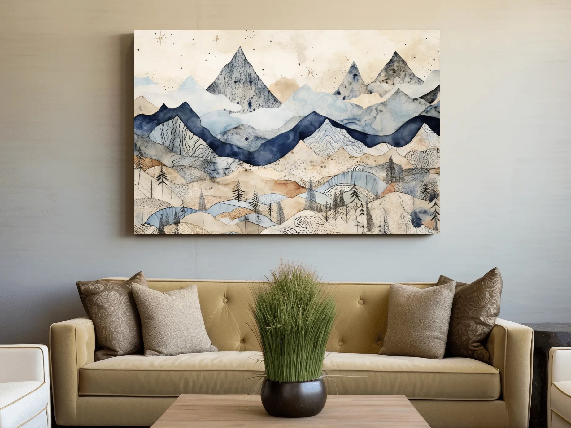 Patchwork Watercolor Mountain Range - Modern Alpine Landscape Wall Art