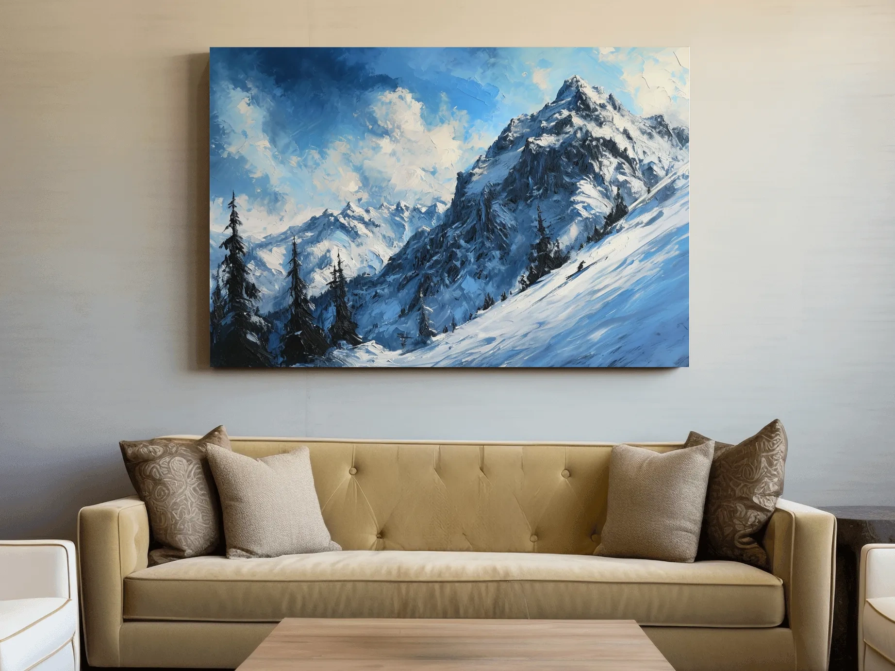Alpine Snowy Peak Oil Painting - Moody Mountain Landscape Wall Art