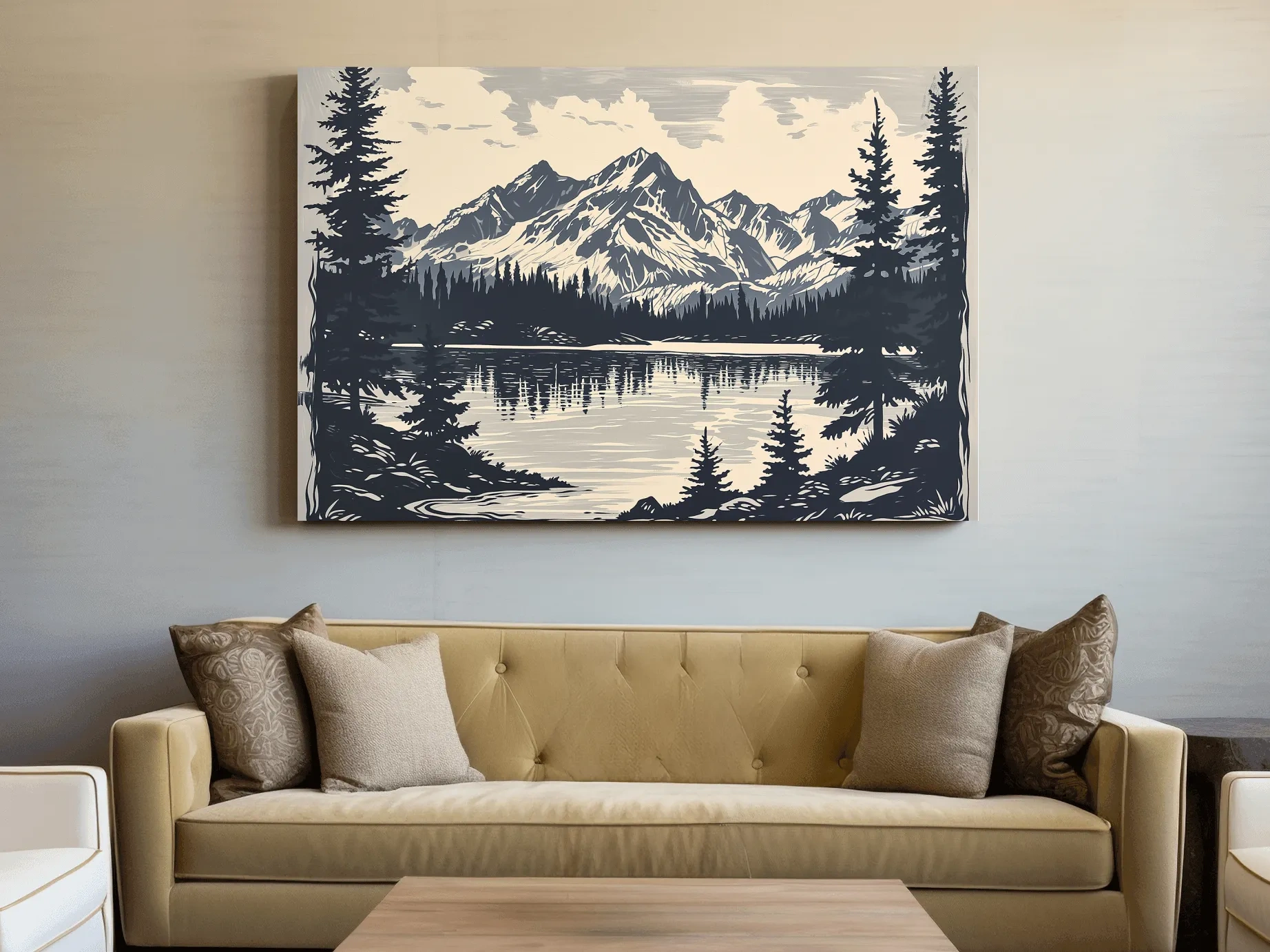 Vintage Alpine Lake Mountain Illustration - Monochrome Linocut Style Artwork
