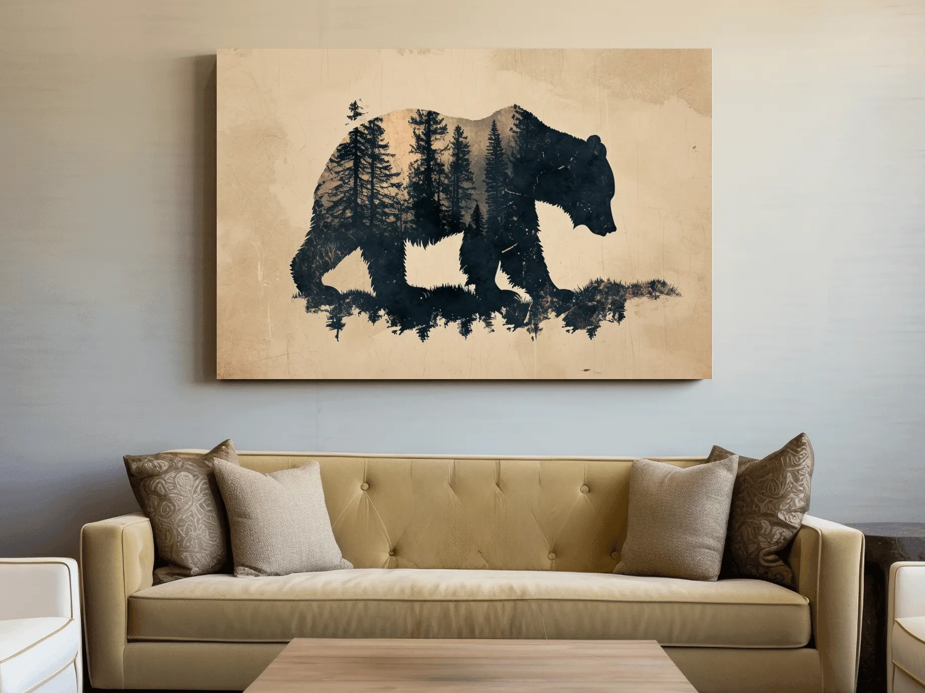 Vintage Grizzly Bear Forest Silhouette - Rustic Sepia Double Exposure Wildlife Wall Art
