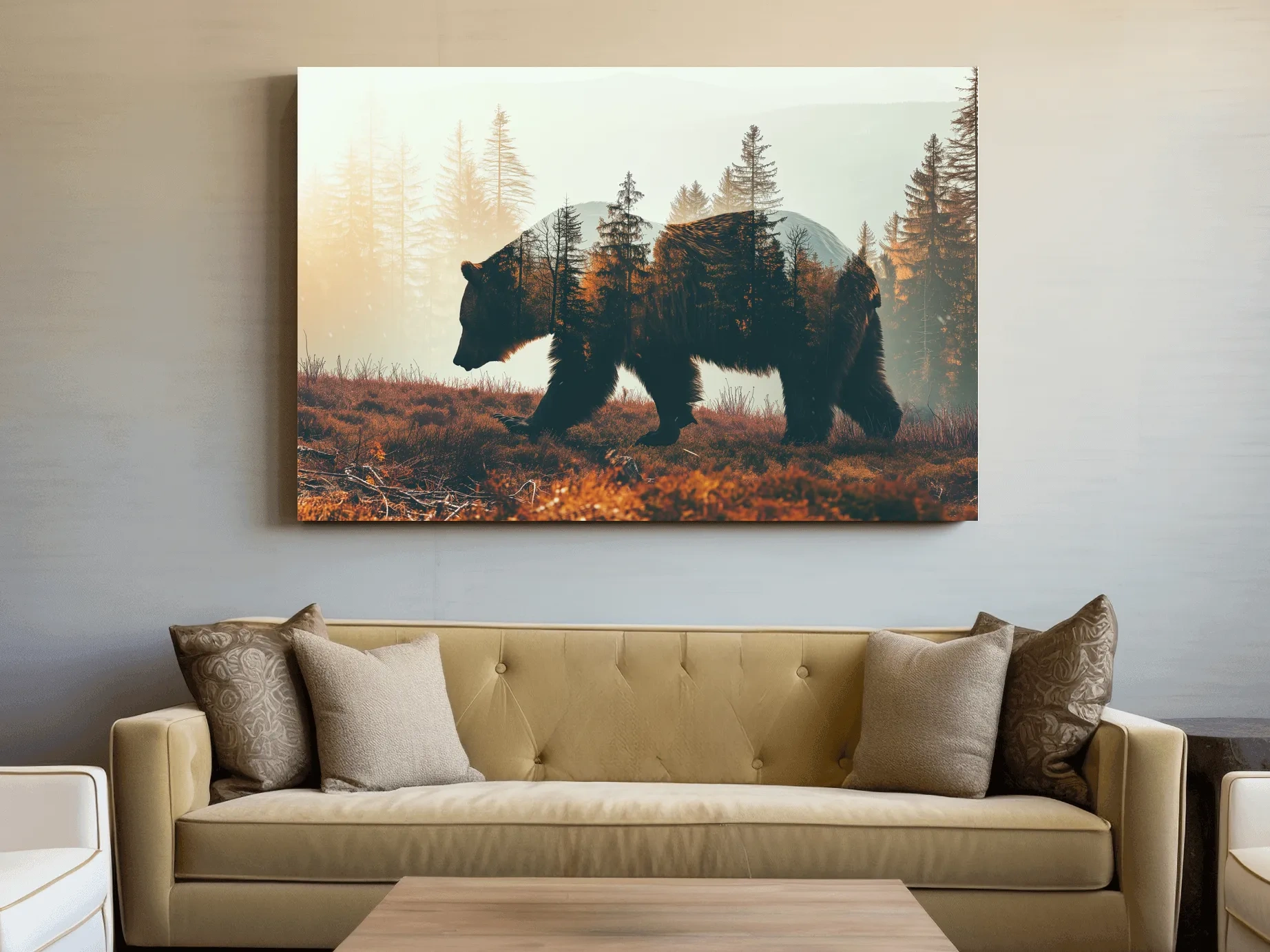 Double Exposure Grizzly Bear Forest - Misty Mountain Wildlife Photographic Artwork