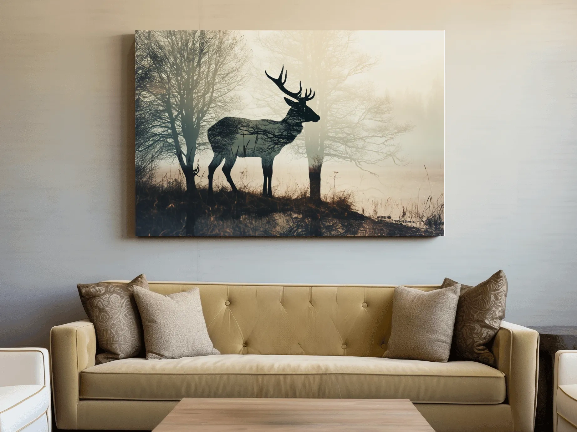 Misty Deer Silhouette Forest Landscape - Double Exposure Wildlife Photography Wall Art
