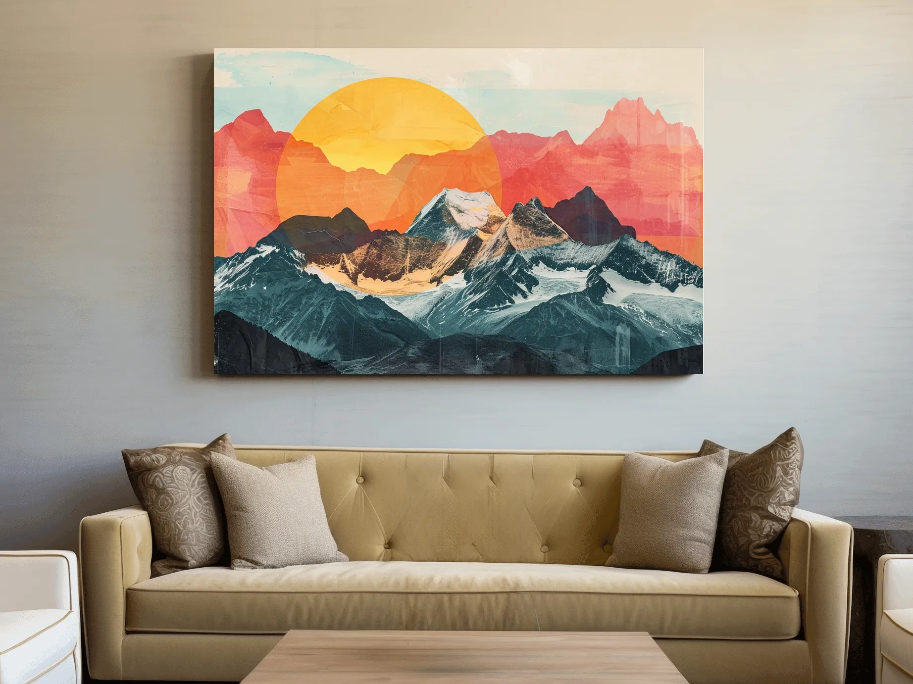 Print collage style abstract mountain artwork