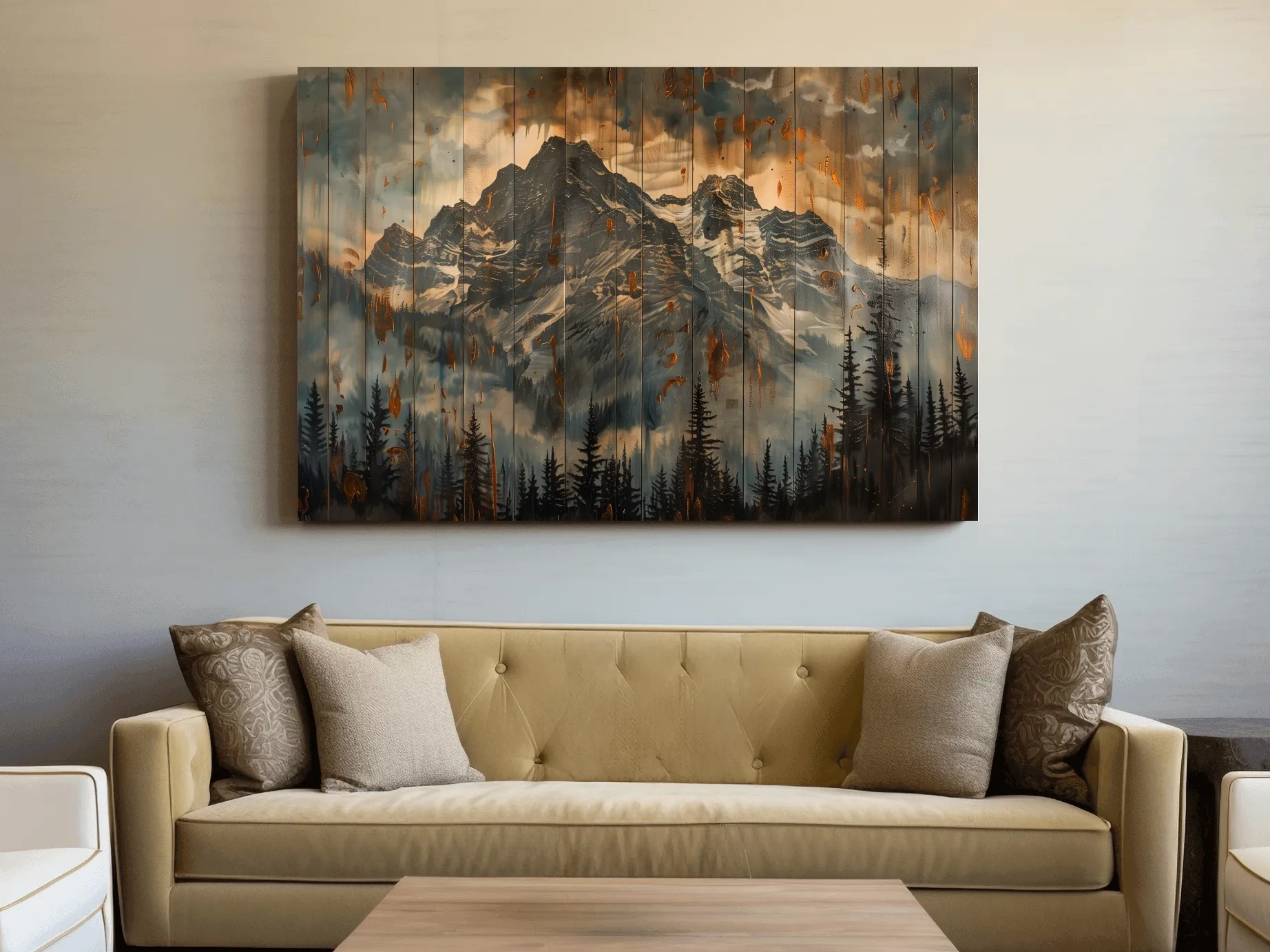 Rustic Mountain Range Painting - Alpine Forest Wood Panel Wall Art