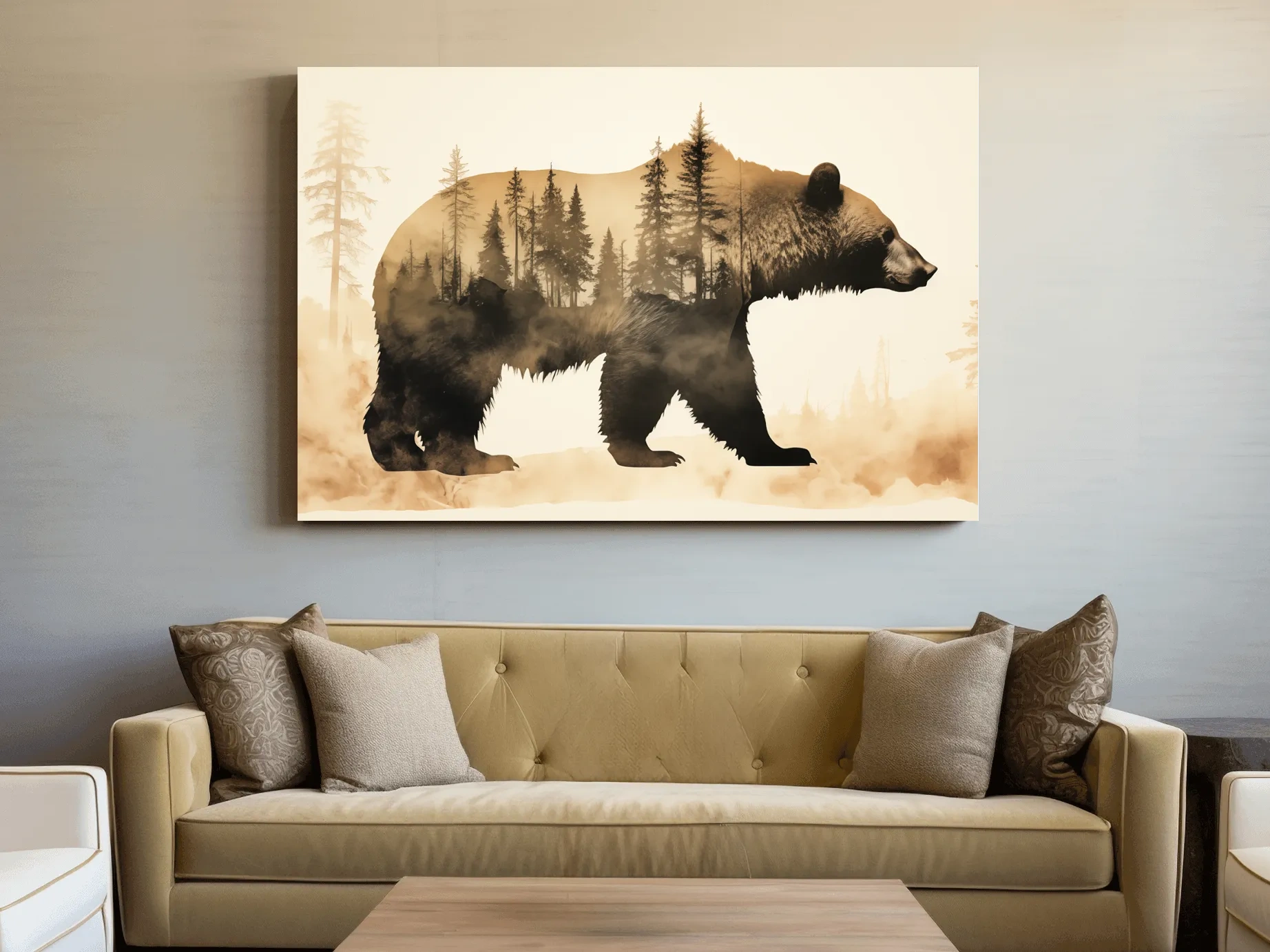 Double Exposure Grizzly Bear Forest Silhouette - Misty Wilderness Nature Artwork
