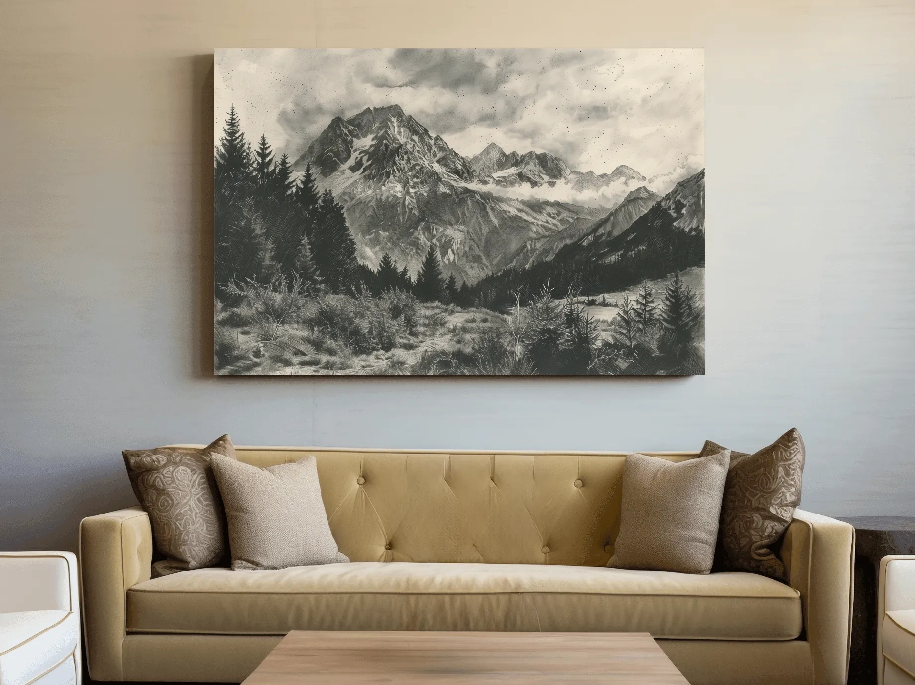 Monochrome Alpine Meadows Mountain Range - Vintage Sketch Landscape Wall Art