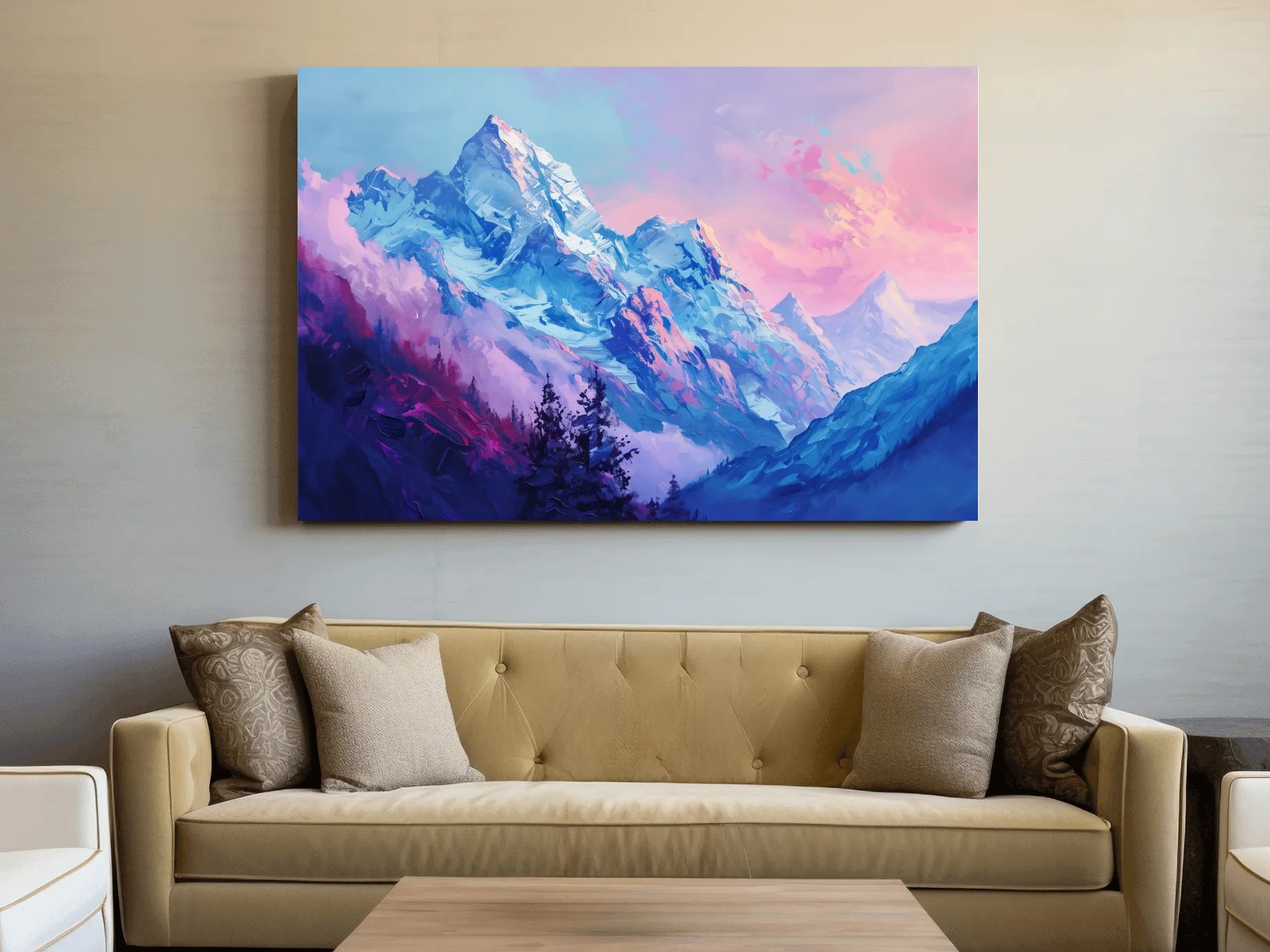 Vibrant Impressionism Alpine Mountain Painting - Colorful Snowy Peaks Wall Art