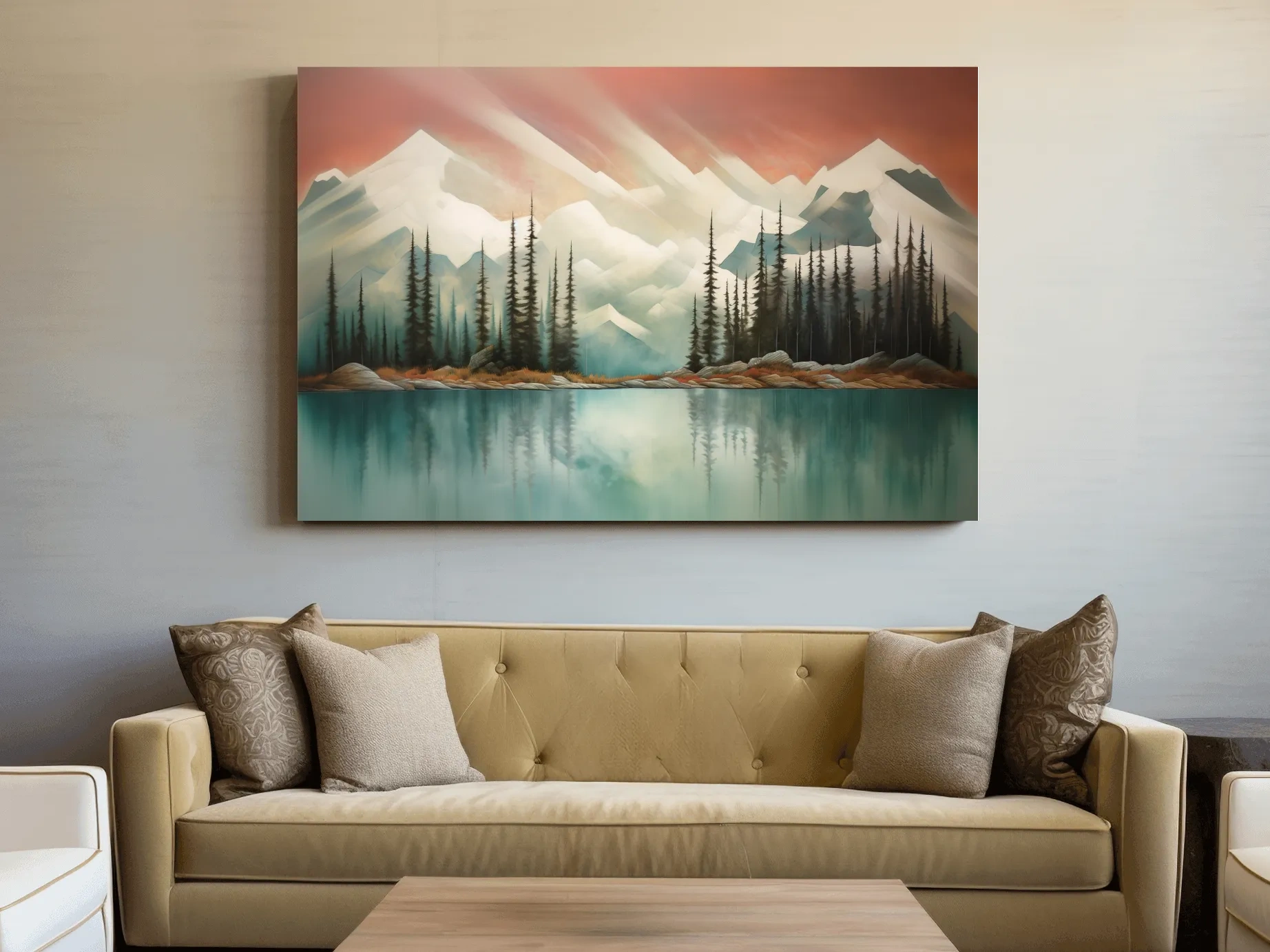 Abstract Alpine Lake Landscape Painting - Serene Pine Forest Mountain Wall Art