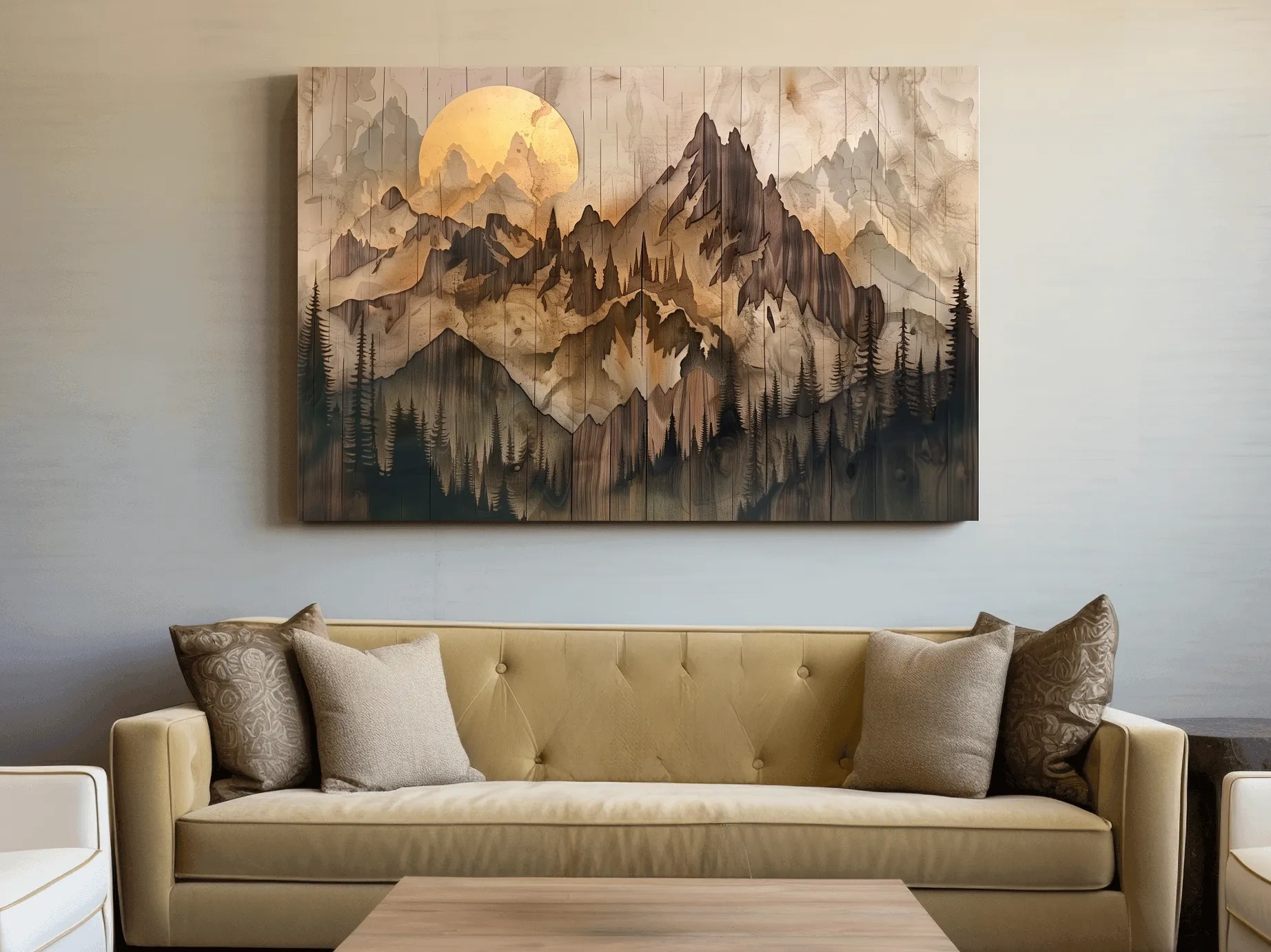 Rustic Sepia Mountain Sunrise Landscape - Vintage Wood Grain Watercolor Artwork