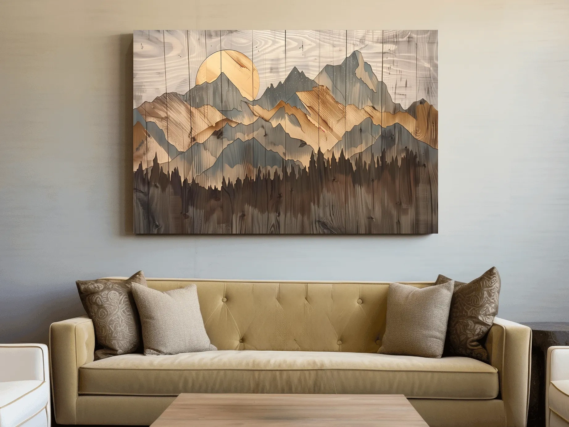Rustic Mountain Range Sunrise - Woodgrain Style Forest Wall Art
