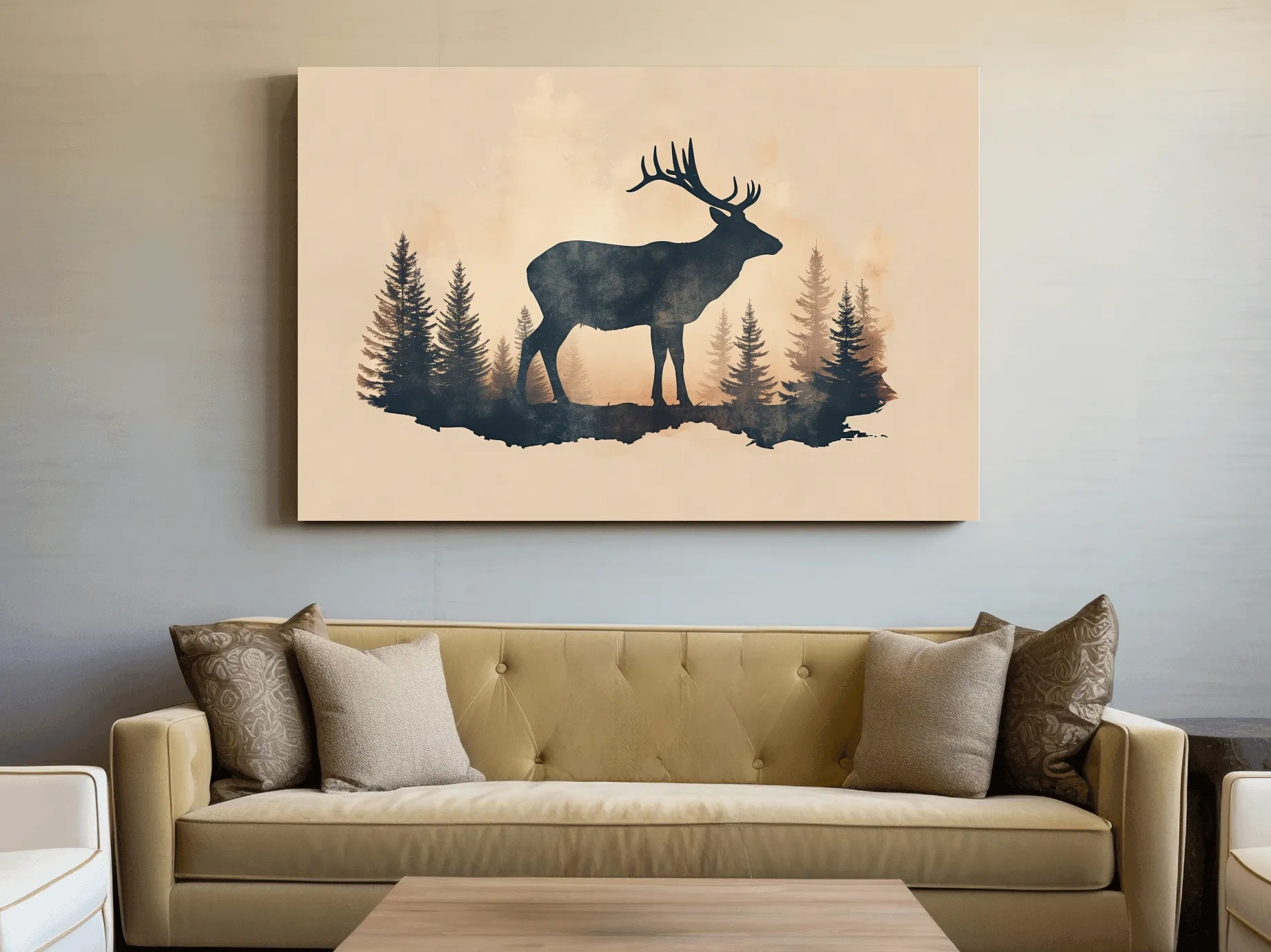Vintage Sepia Deer Silhouette In Pine Forest - Rustic Woodland Artwork
