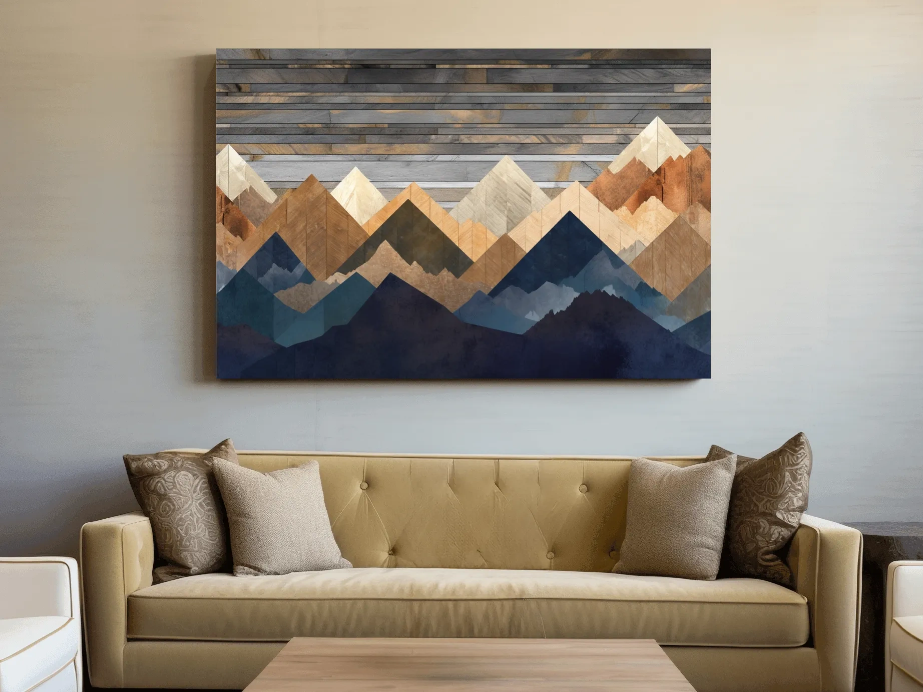 Geometric Layered Mountain Peaks - Rustic Wood Texture Abstract Wall Art