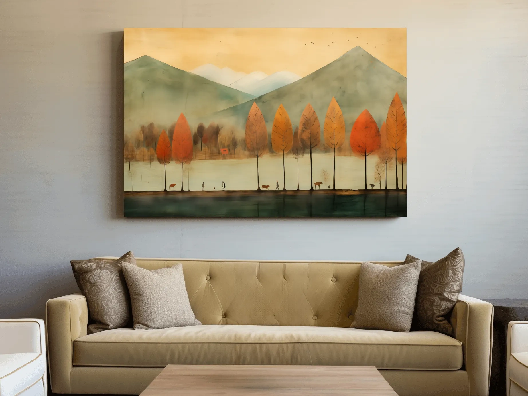 Autumn Tree Lined Lake Landscape - Quirky Watercolor Style Wall Art