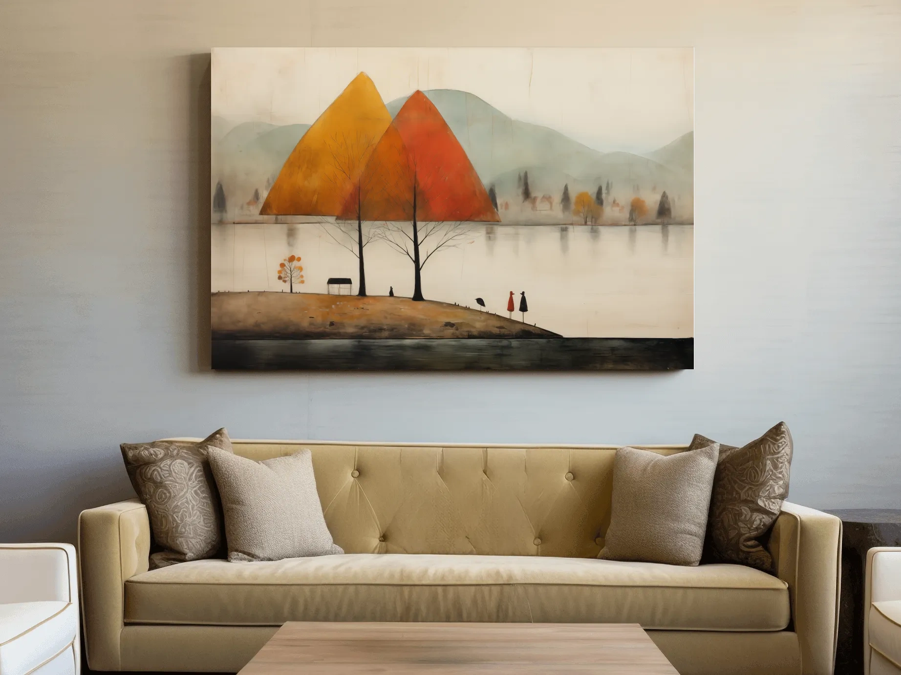 Autumn Mountains Over Misty Lakeside - Quirky Landscape Artwork