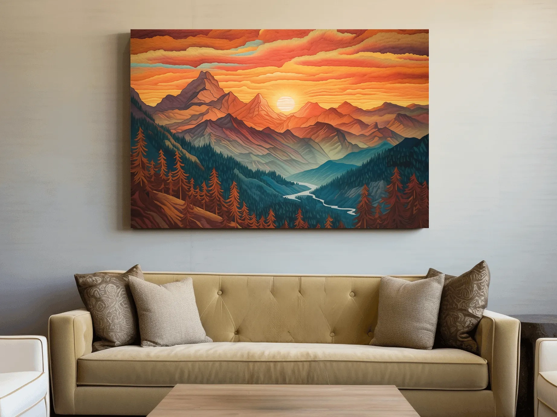 Vibrant Sunset Mountain Range Illustration - Layered Alpine Landscape Wall Art