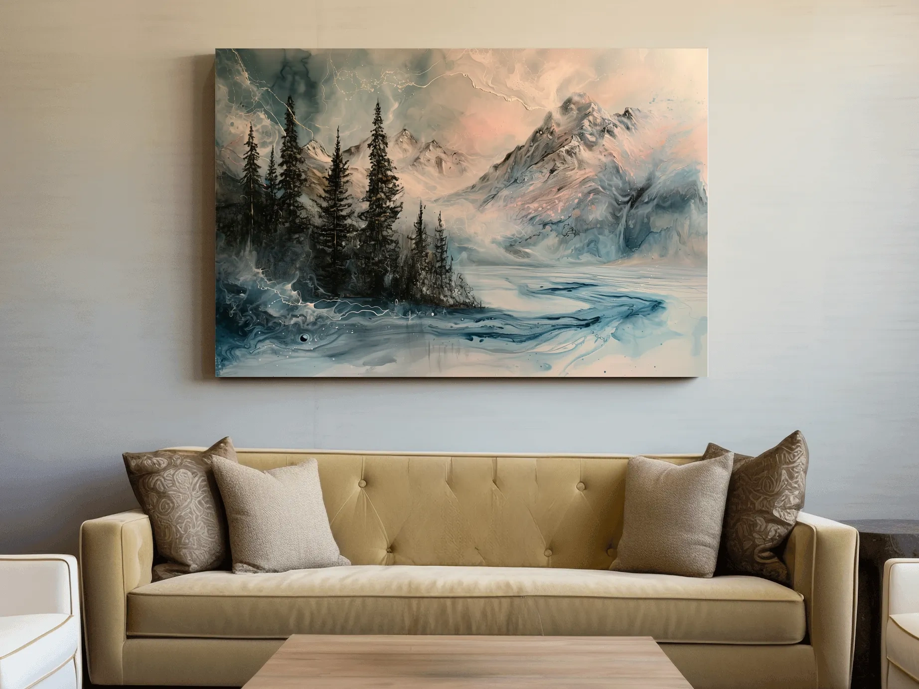 Ethereal Mountain Lake Alpine Forest - Moody Abstract Alcohol Ink Wall Art