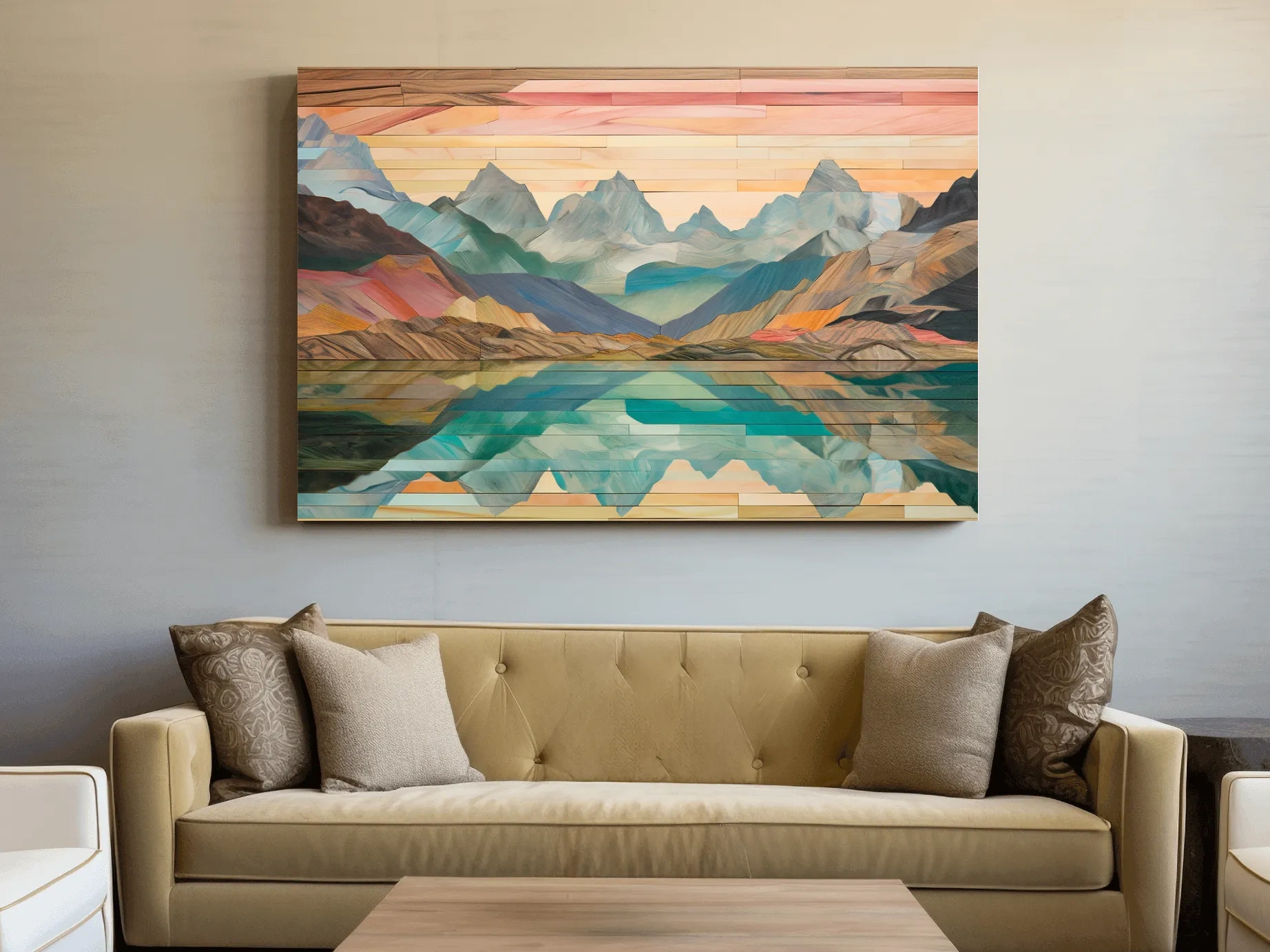 Alpine Lake Mountain Reflection - Layered Wooden Style Landscape Wall Art