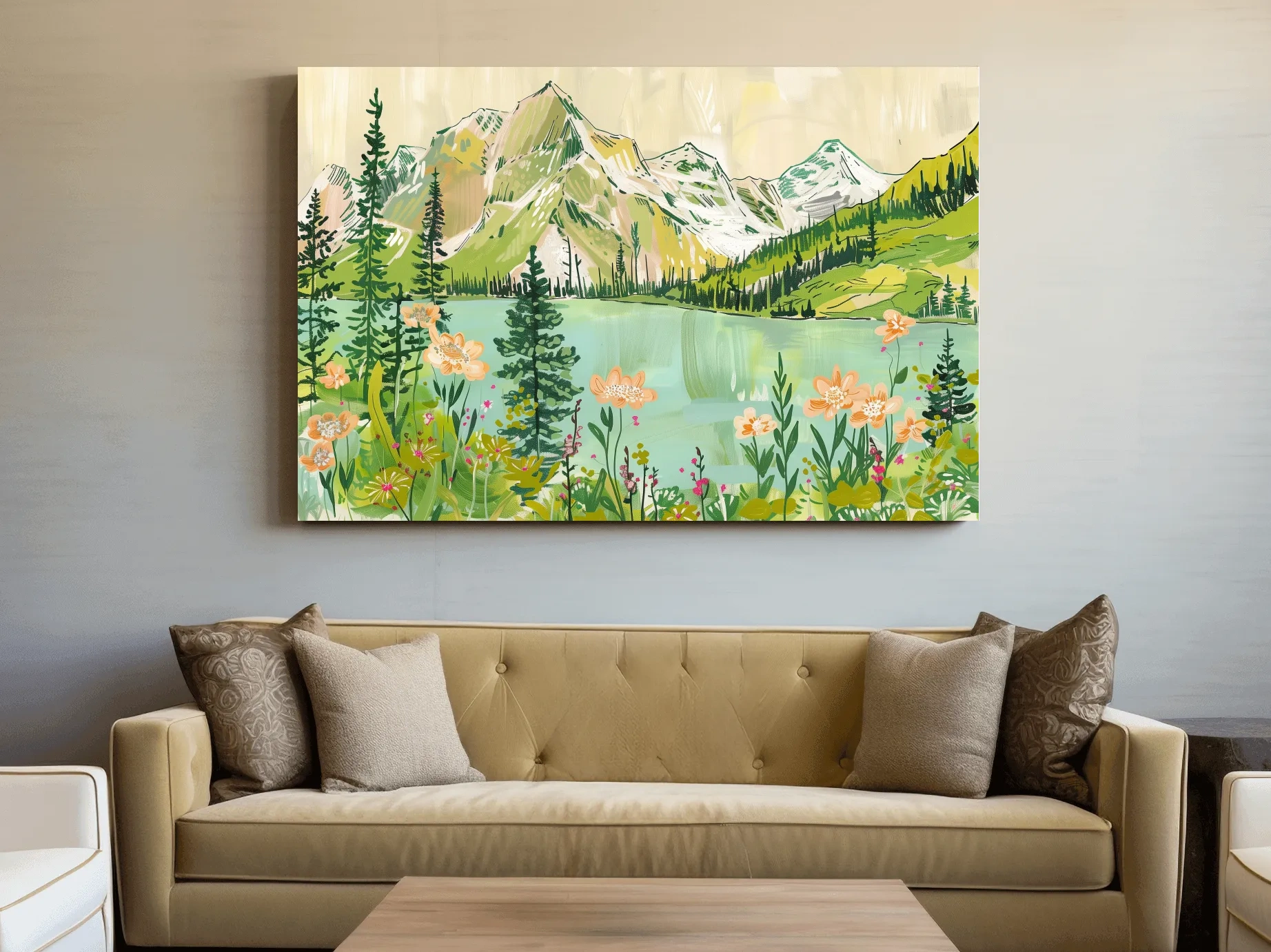 Whimsical Alpine Lake Wildflower Stylized Painting - Mountain Meadows Wall Art