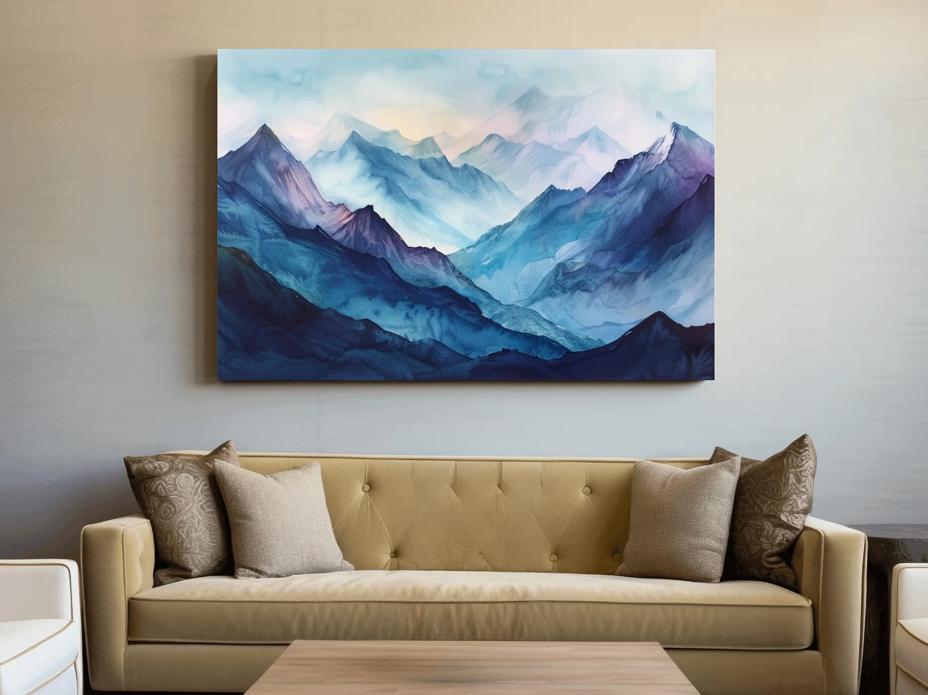 Misty Blue Watercolor Mountain Range Artwork - Serene Colourful Landscape Wall Art