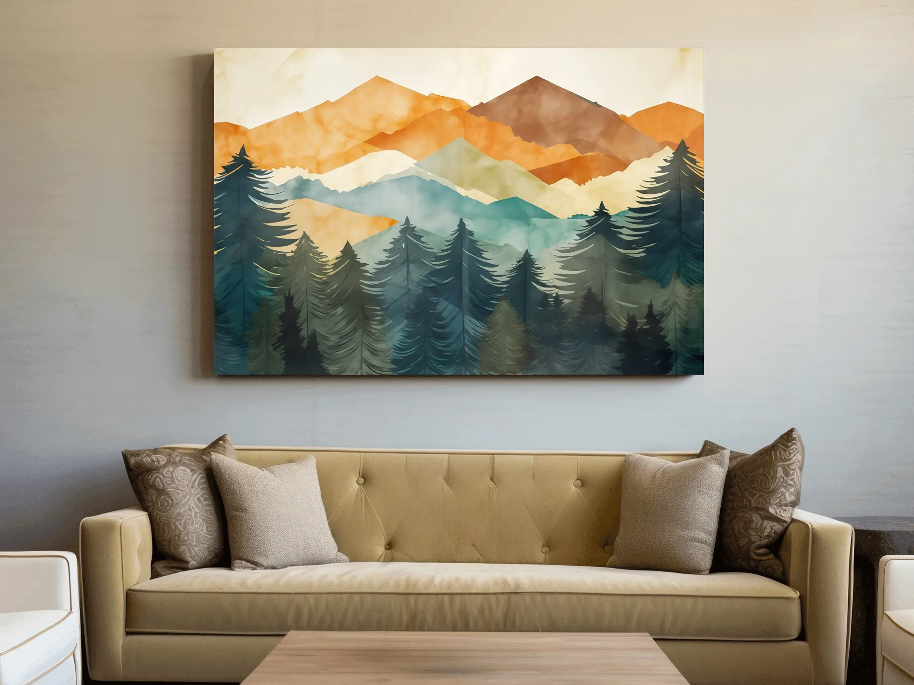 Serene Landscape Painting - Abstract Watercolour Forest & Mountains